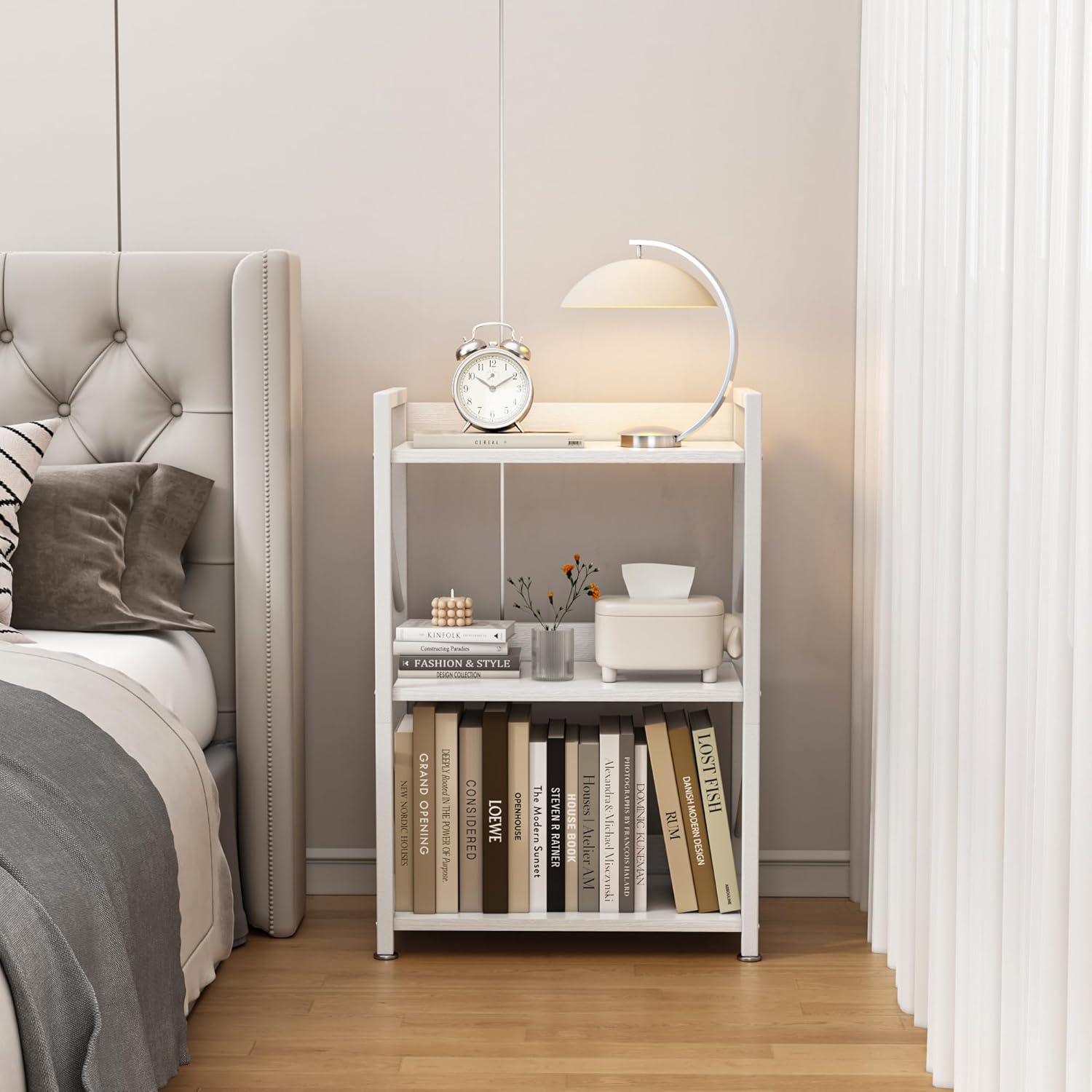 Estantería pequeña para espacios pequeños, moderna estantería de 3 niveles, estantería de noche estrecha, estante pequeño abierto para dormitorio,