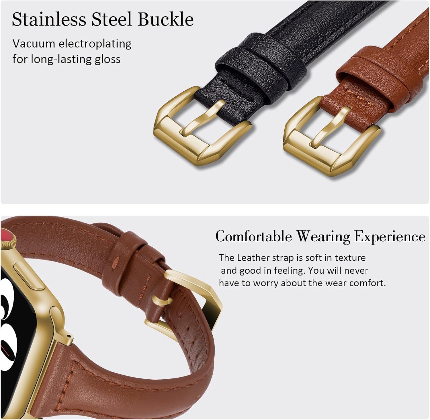 Paquete de 2 correas delgadas de cuero genuino compatibles con Apple Watch Band de 1.496 pulgadas, 1.575 pulgadas, 1.614 pulgadas, 1.654 pulgadas,