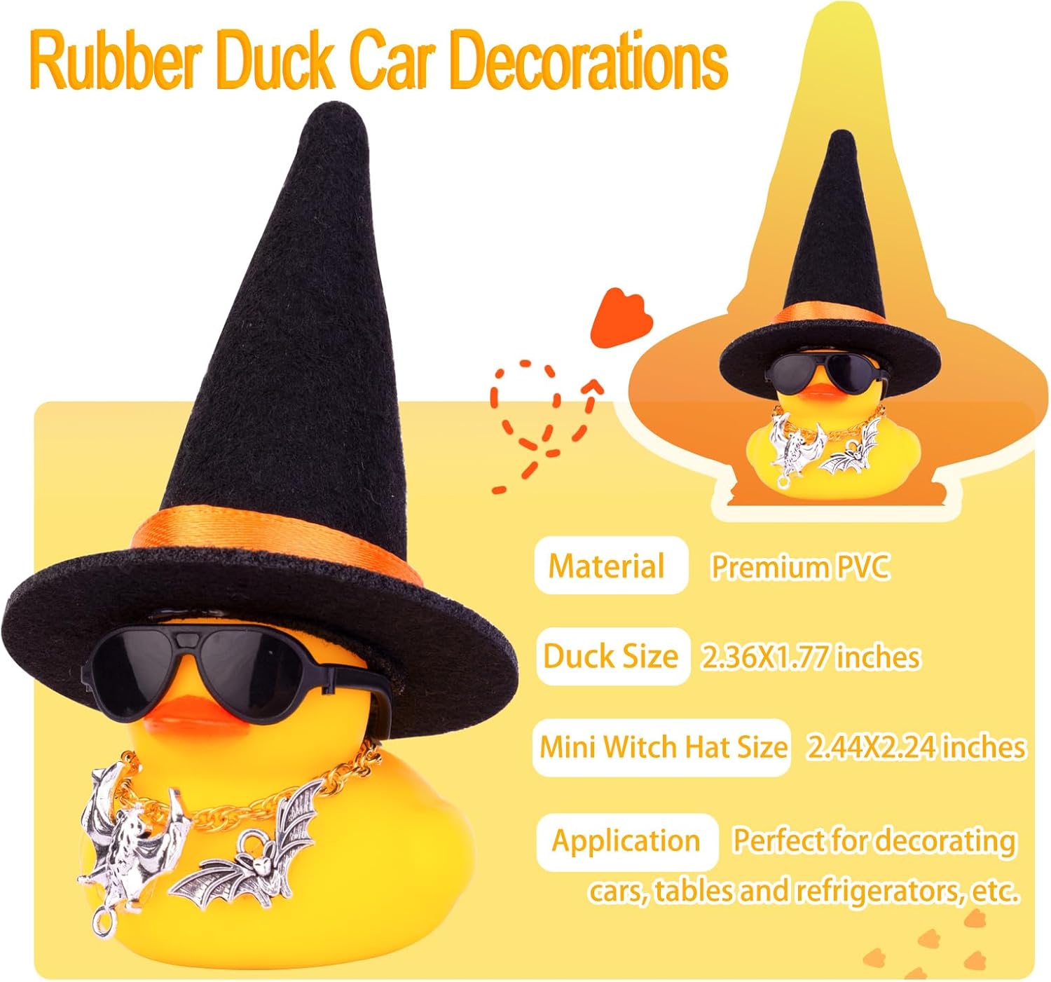 Adornos de pato de goma para automóvil, decoraciones de tablero de automóvil con sombrero de bruja pequeño, gafas de sol, collar, accesorios de