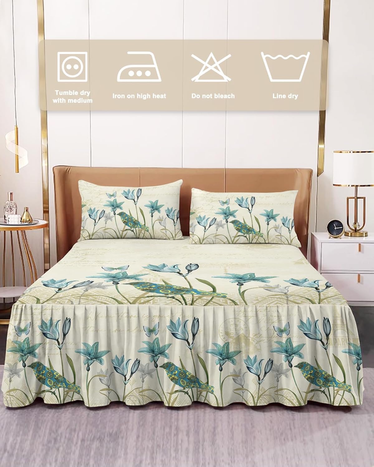 Faldas de cama plisadas envolventes florales de primavera para cama individual de 39 x 75 pulgadas, tulipán verde azulado, flor de verano, vintage,