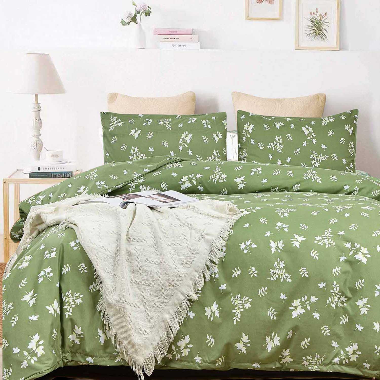 Juego de edredón de tamaño matrimonial, juego de cama reversible con estampado floral verde y blanco, juego de cama alternativo de plumón