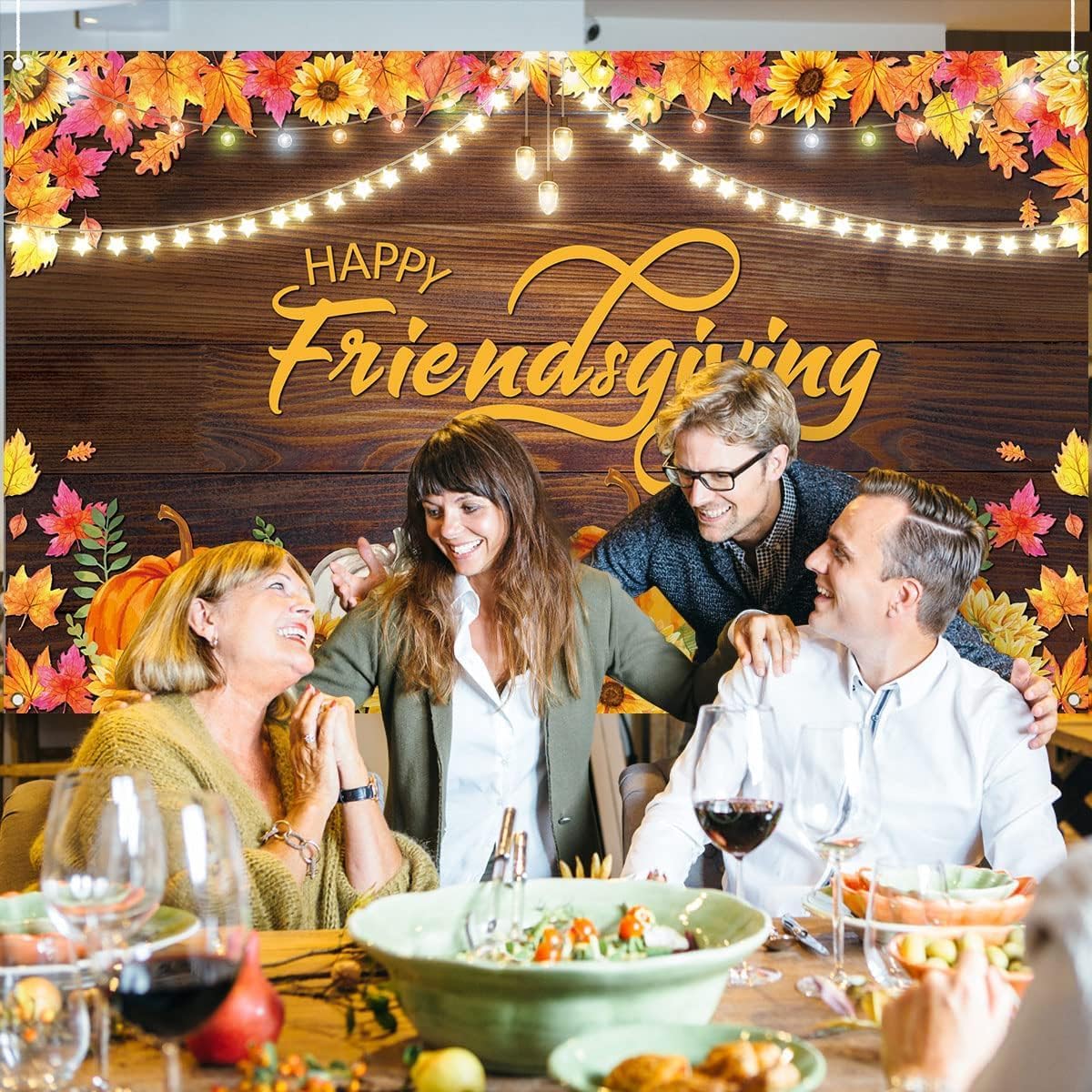 Nepnuser Telón de fondo para cabina de fotos de Happy Friendsgiving de cosecha de otoño, decoración de fiesta de amigos, hojas de arce, girasol,