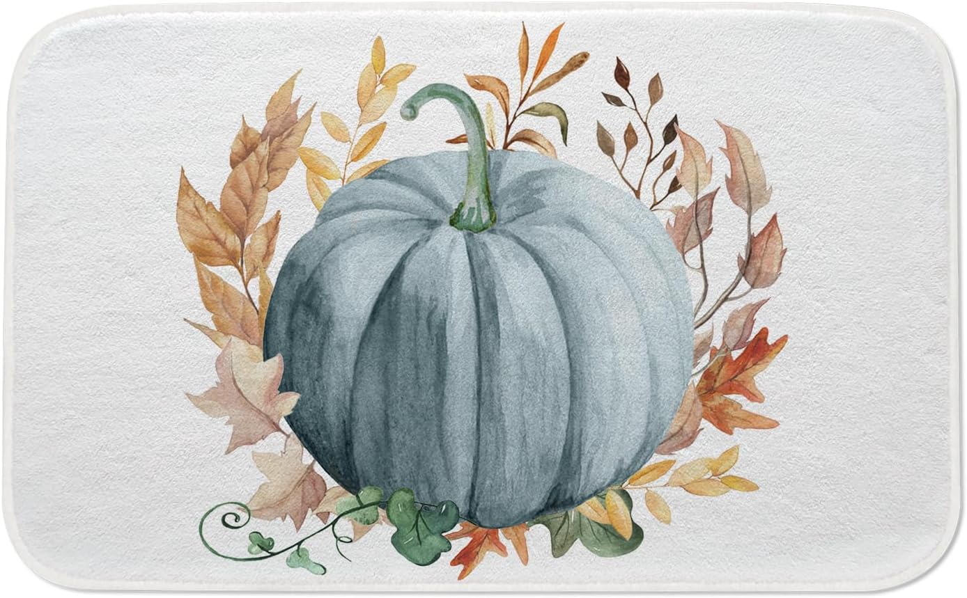 Alfombra de baño de otoño con diseño de calabaza azul, hojas de arce, antideslizante, de 20 x 32 pulgadas, alfombra de baño suave de cosecha de