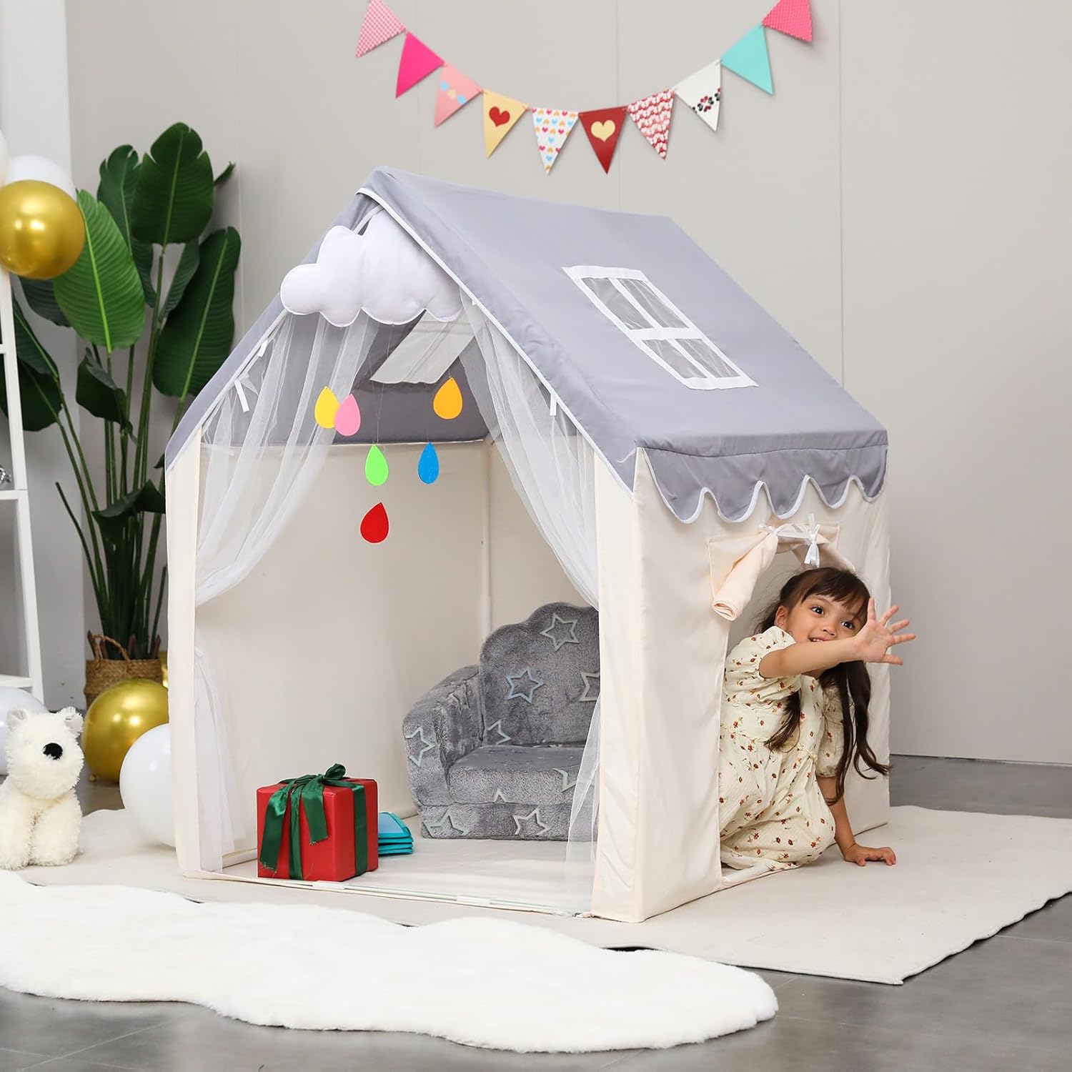 Annualring Tienda de campaña para niños, tienda de campaña tipo tipi con nube de fieltro para interiores, casa de juegos para niños pequeños, tienda