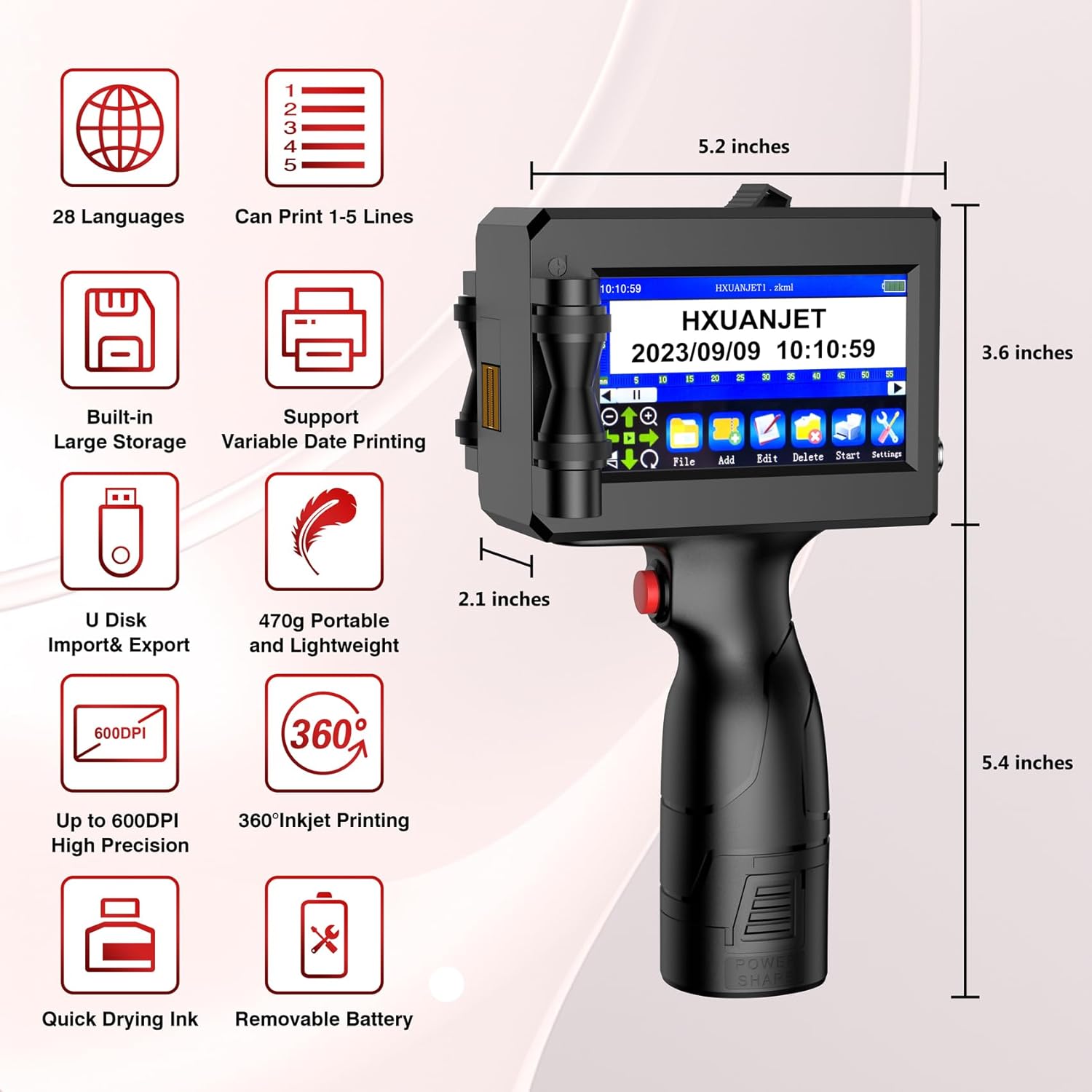 HX127 – Impresora de inyección de tinta de mano con cartucho de tinta de secado rápido de 1.4 fl oz, impresora portátil de mano para textocódigo de