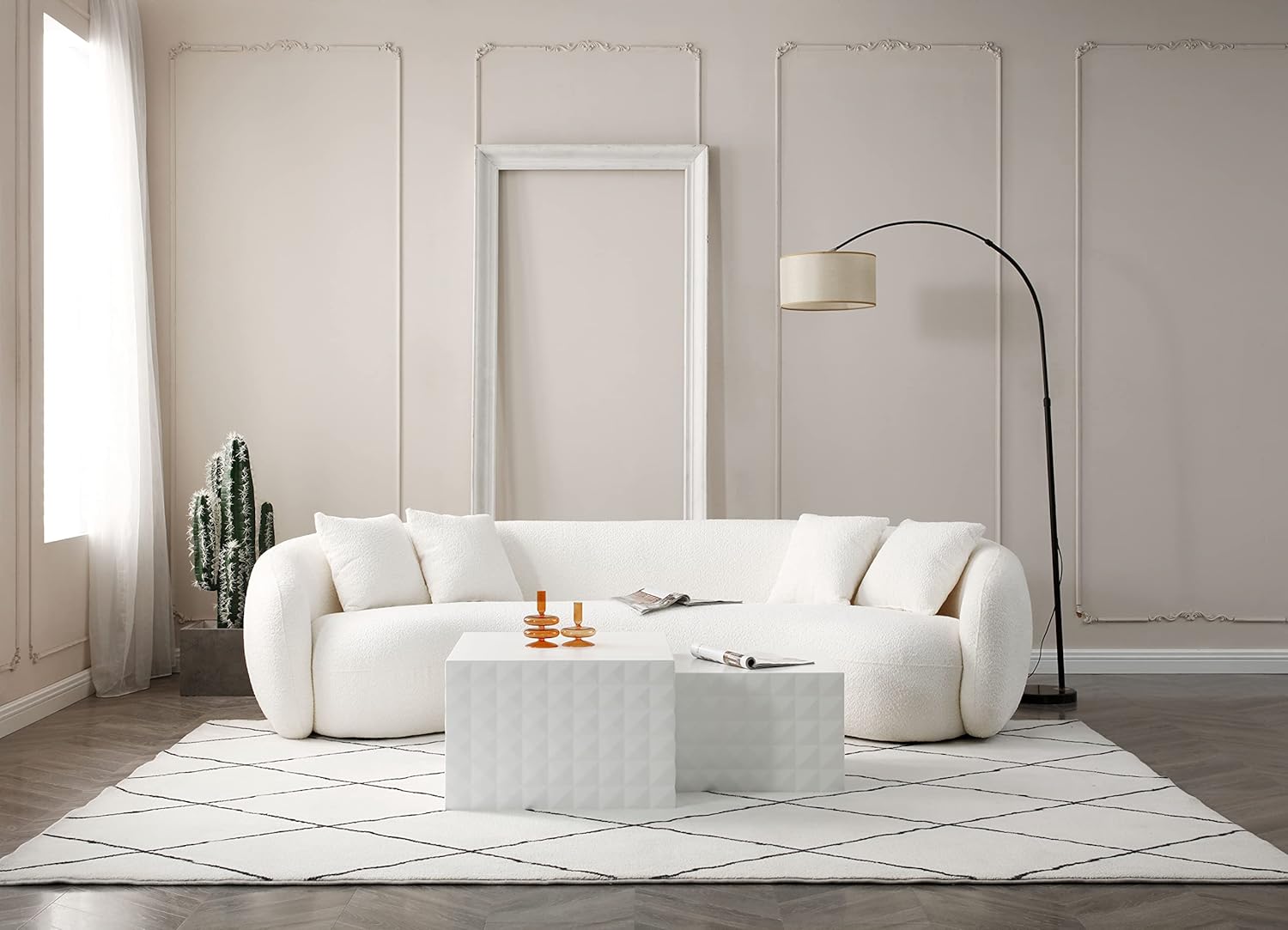 JUSTONE Sofá de sala de estar curvado moderno de mediados de siglo de 101 pulgadas, sofá de tela Boucle de 4 asientos para dormitorio, oficina,