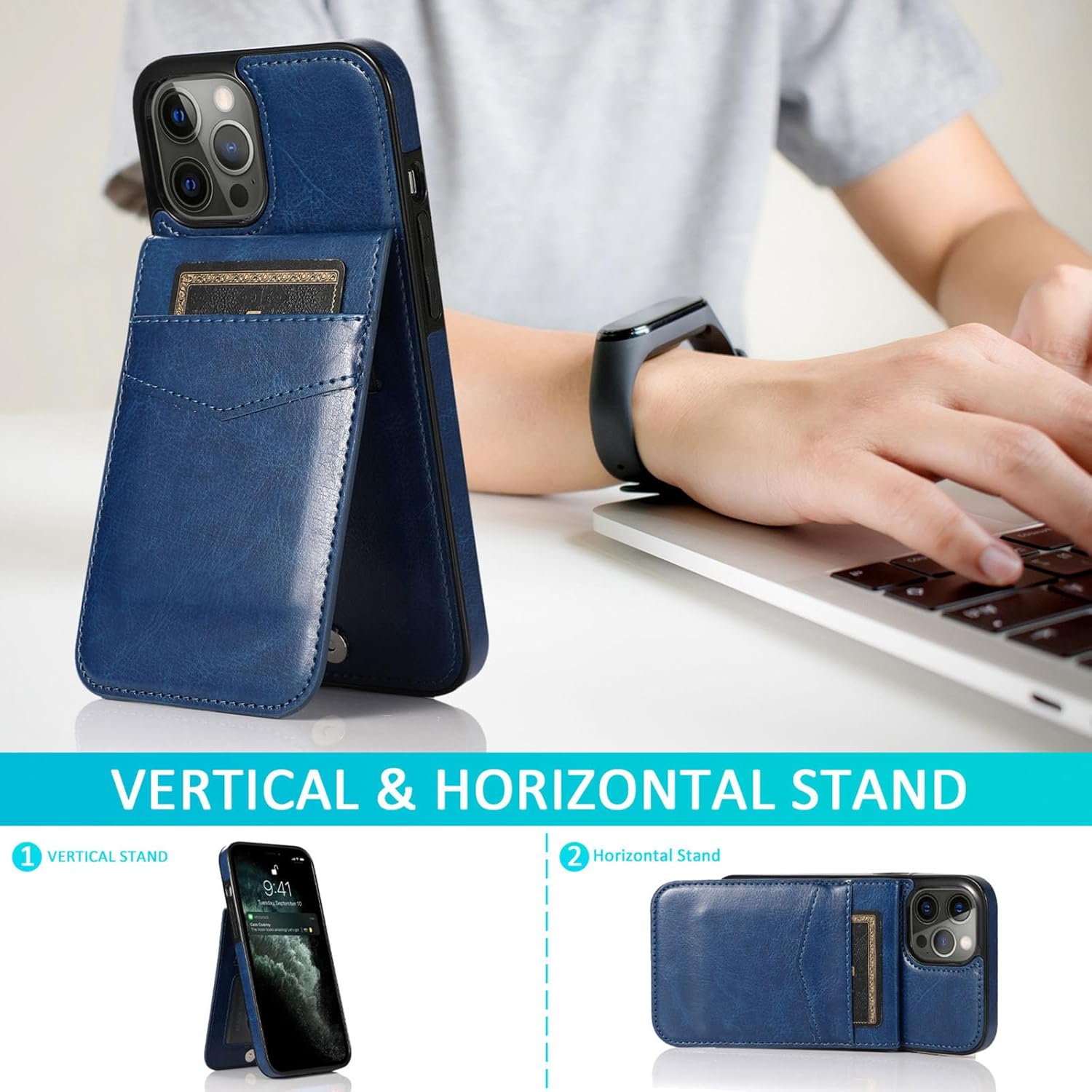 Funda tipo cartera para iPhone 15 Pro Max15 Pro15 Plus15, funda de cuero retro con ranura para tarjetas, color azul, 15 pro max de 6.7 pulgadas