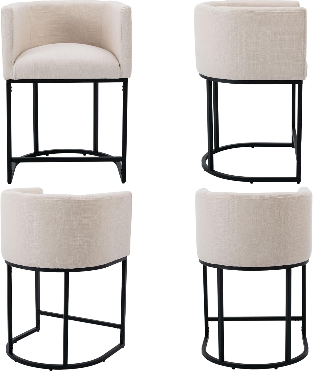 Juego de 2 taburetes de bar tapizados de lino de altura de mostrador, taburetes de cocina de 24 pulgadas, sillas de bar con marco de metal negro