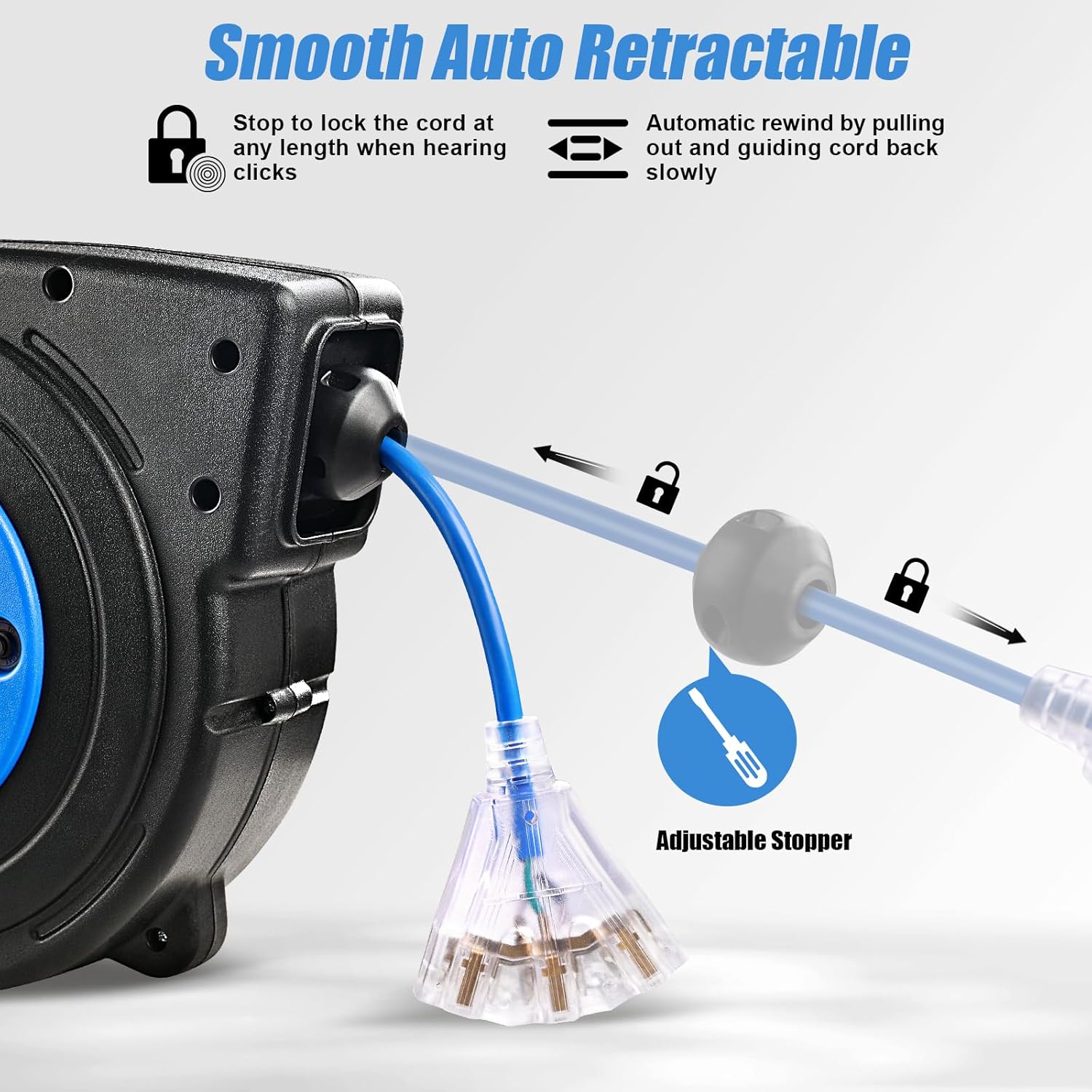 SURAIELEC Carrete de cable de extensión retráctil de calibre 12, cable de alimentación resistente SJTOW de 45 pies 12 AWG3C, 3 salidas de triple