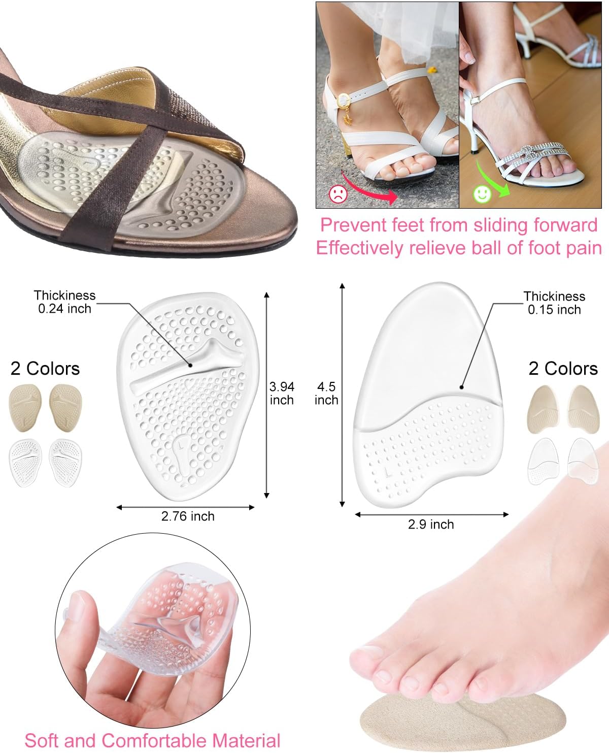 10 almohadillas cómodas de tacón alto, cojines de bola de pie para talones, insertos de zapatos de silicona para zapatos de mujer demasiado grandes,