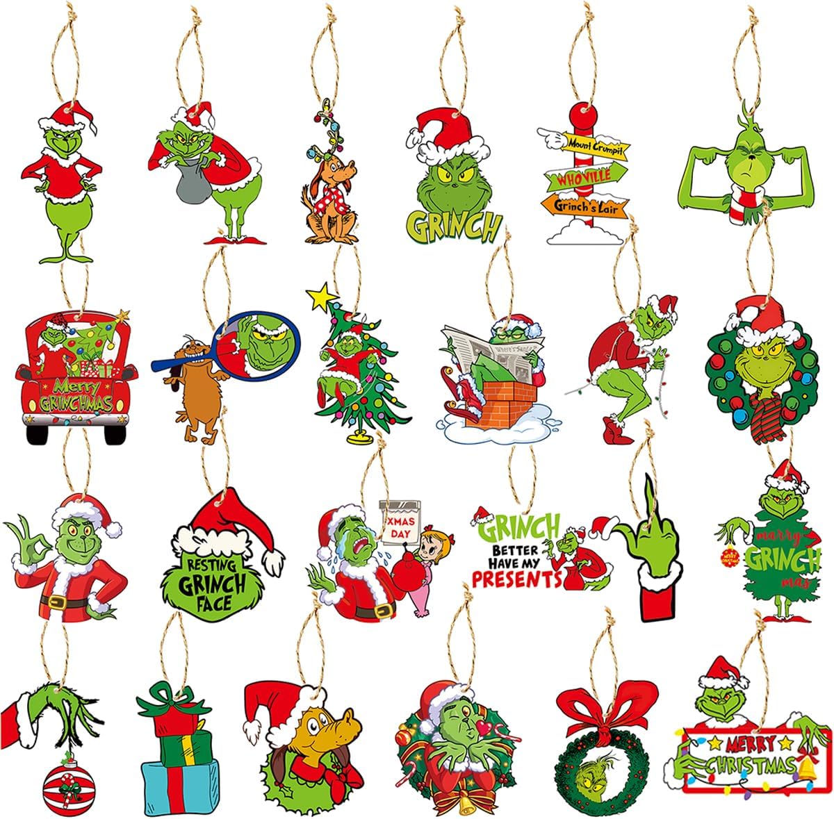 24 piezas de decoración de árbol de Navidad de Grinch, adorno colgante para árbol de Navidad, monstruo verde, decoraciones de Navidad, decoración de