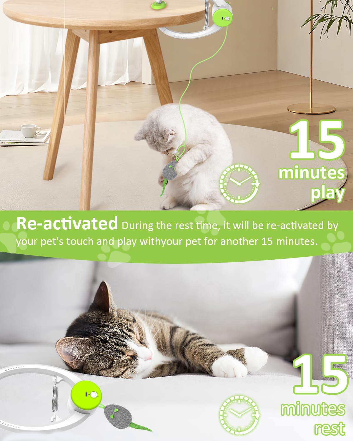 Juguete recargable para gatos activado por movimiento con coloridos ratones rebotantes, cuerda elástica y plumas, para gatos y gatitos de interior