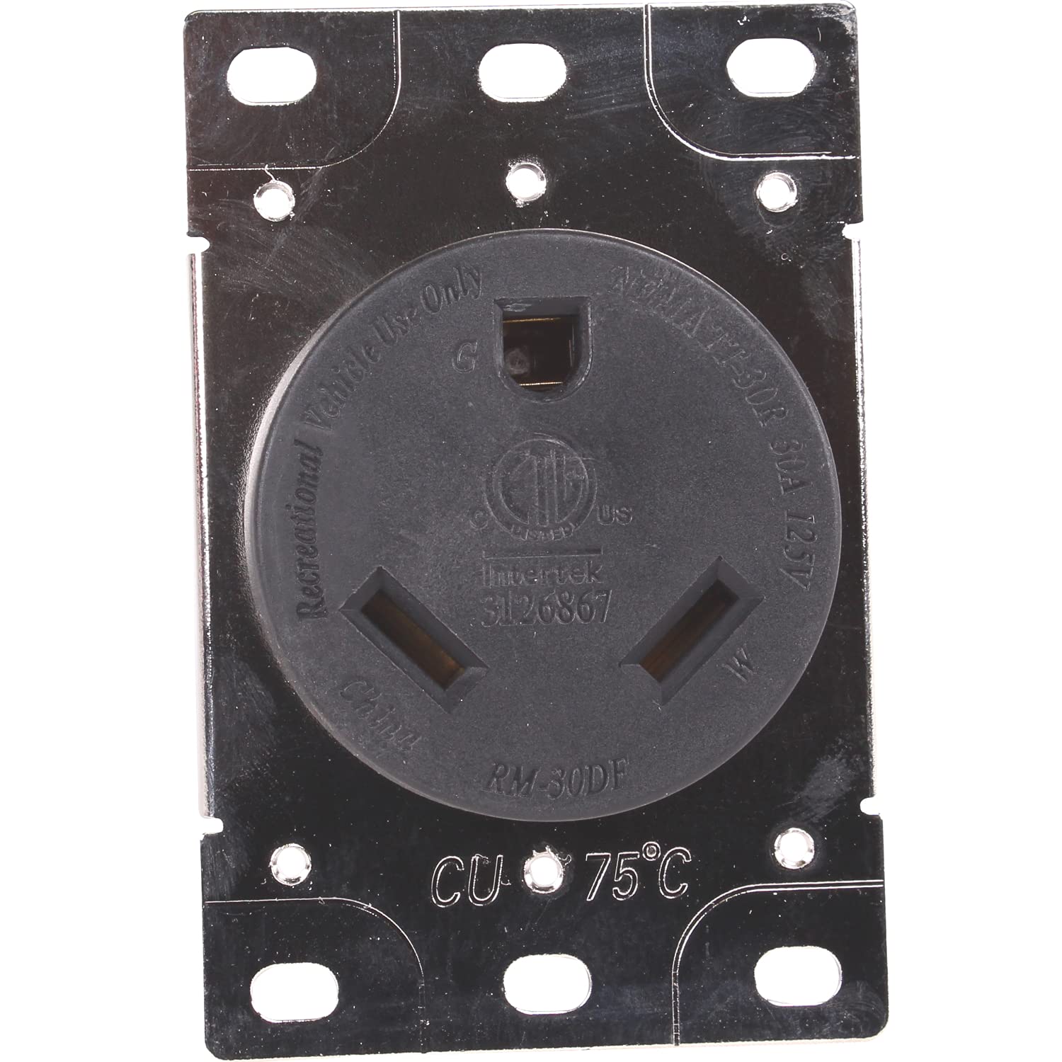 Journeyman-Pro RV 30 Amp, 125 voltios, NEMA TT-30R, 2P, 3W  Toma de corriente de montaje empotrado, hoja recta, grado industrial, conexión a tierra,