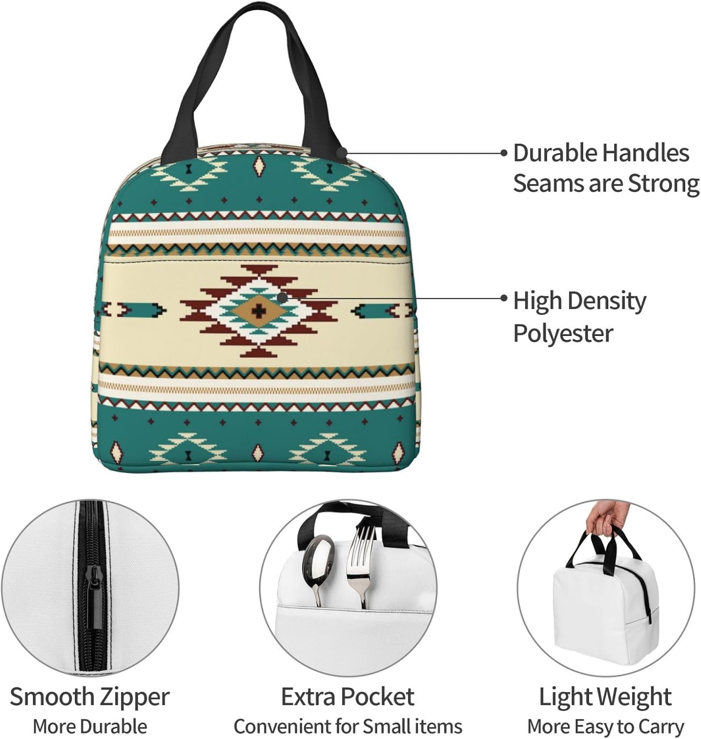 Bolsas de almuerzo portátiles reutilizables para étnica indiana, suroeste, occidental, tribal, azteca, verde, para mujeres y hombres, caja de