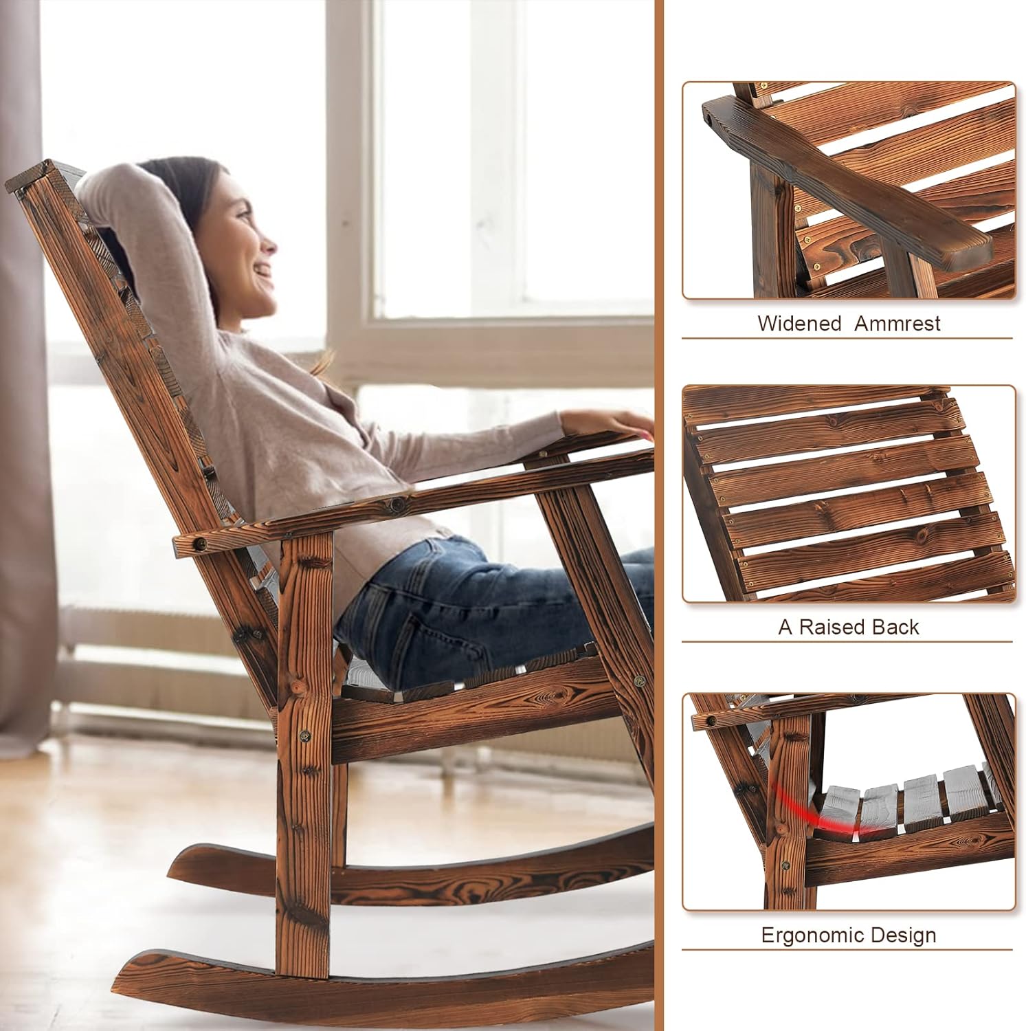 Mecedora de madera para exteriores, mecedora de porche de madera rústica con respaldo alto para interiores, patio trasero, patio, natural