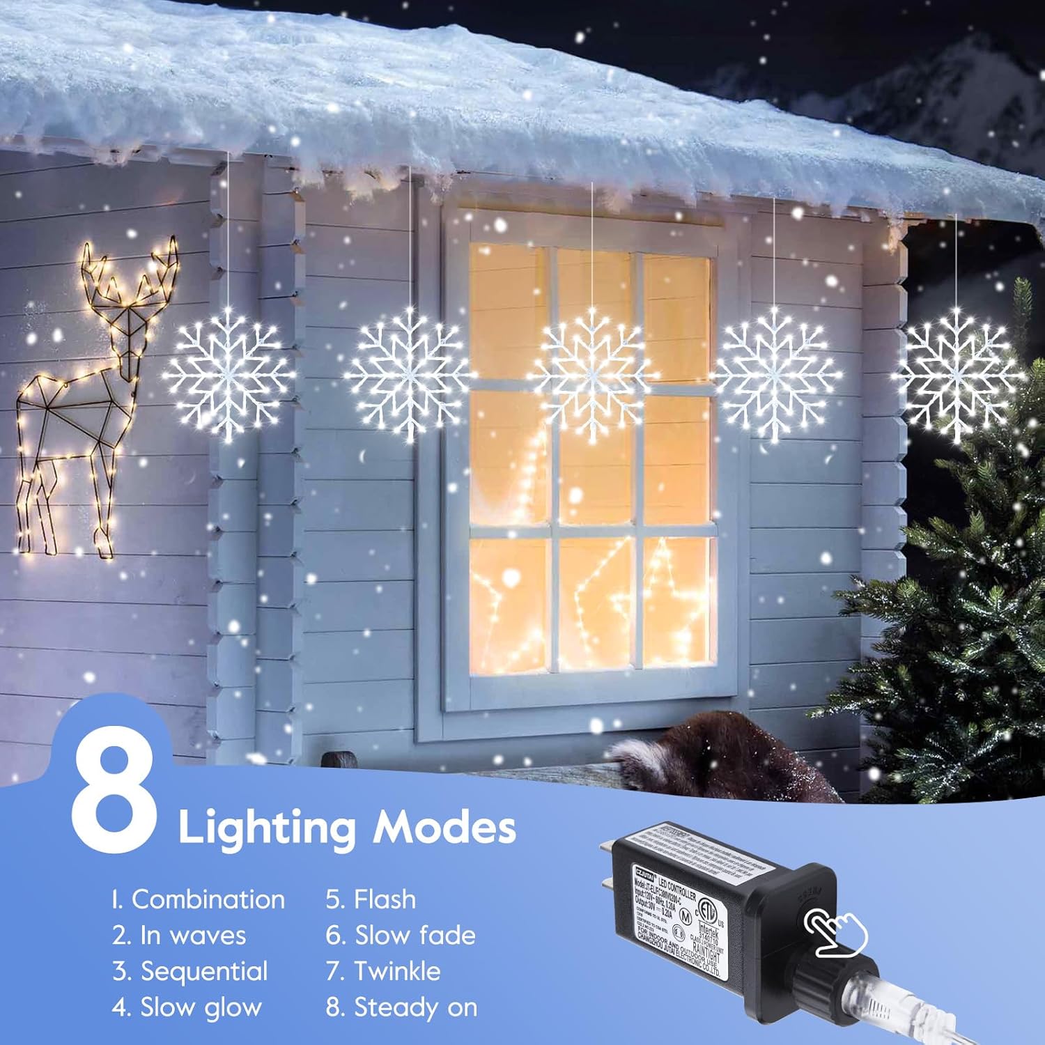 Luces de copo de nieve de Navidad para exteriores, enchufables de 23.6 pies, 10 gotas, 480 luces LED de ventana de copo de nieve, conectables para