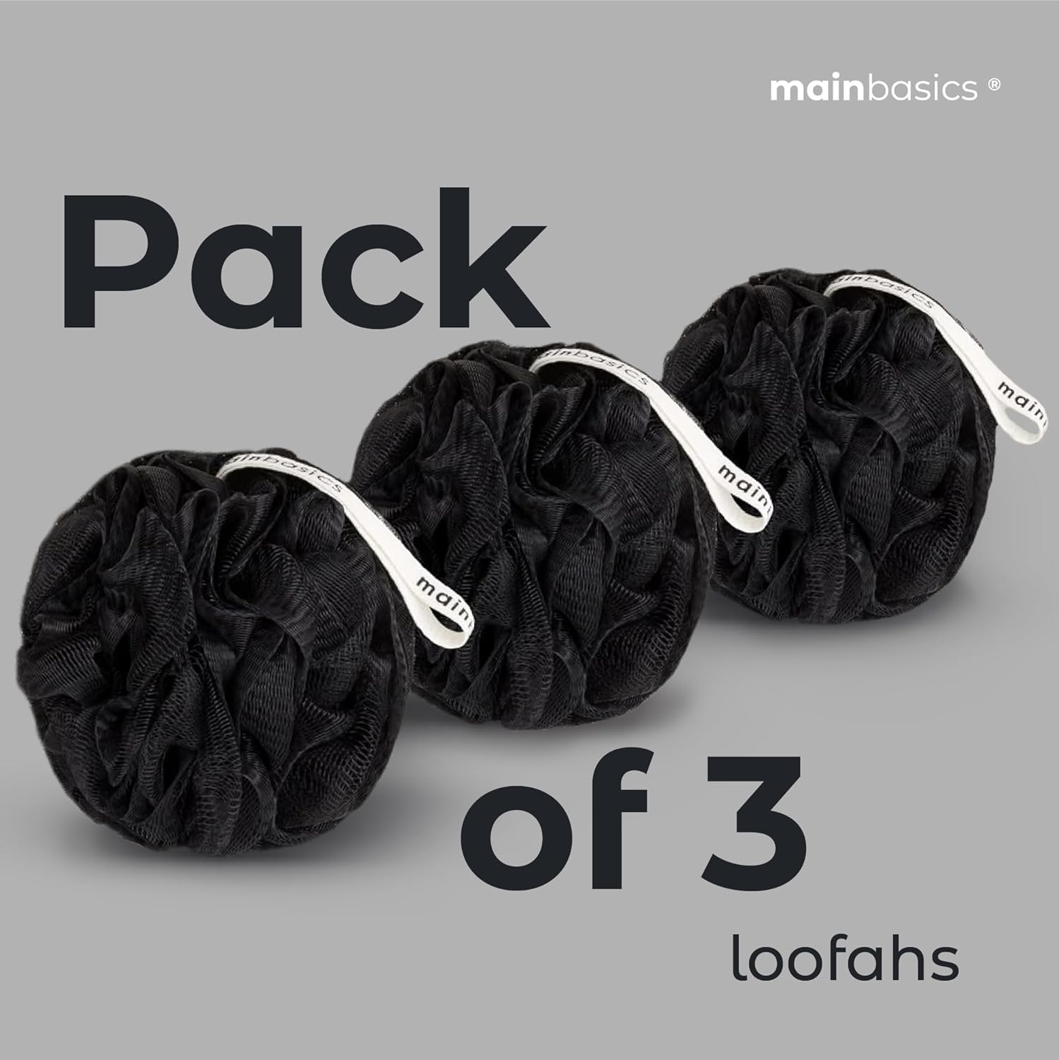 MainBasics Esponja de esponja para baño y ducha, esponja exfoliante corporal (juego de 3, color negro triple)