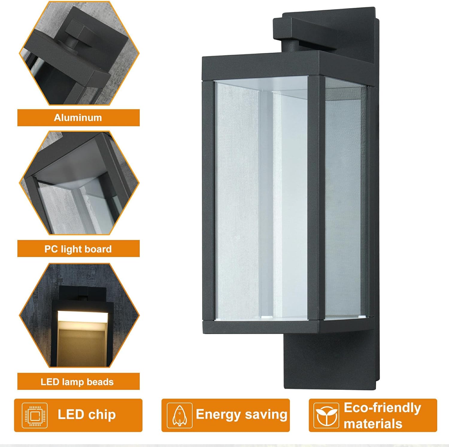 Lámpara de pared al aire libre moderna para porche exterior para casa, aplique de pared negro impermeable IP54 de 15 pulgadas con vidrio