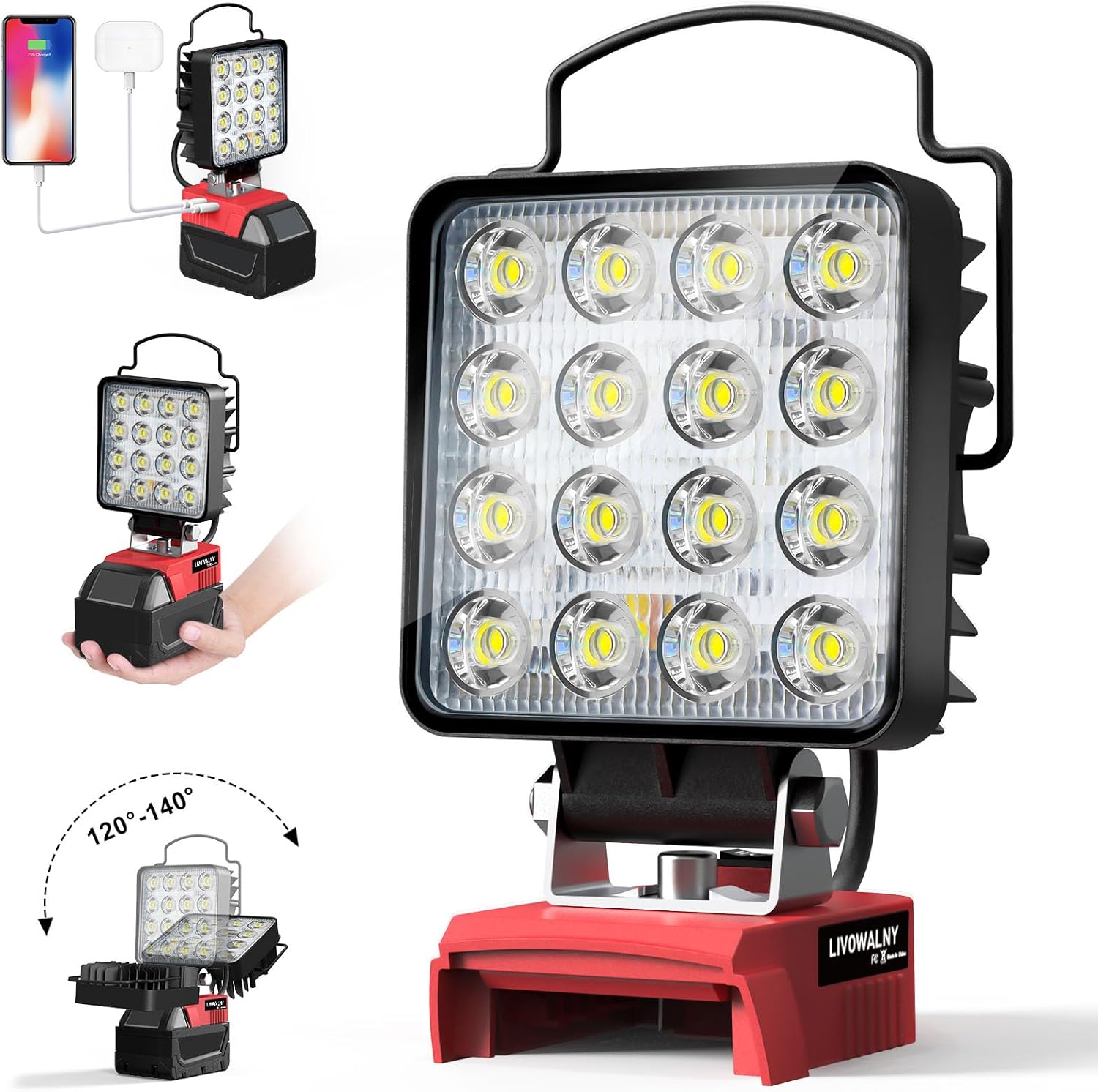 Luz de trabajo LED inalámbrica para batería Milwaukee M18, LIVOWALNY 48W 48000LM Luz de inundación de batería de 4 pulgadas para luz M18 con puerto