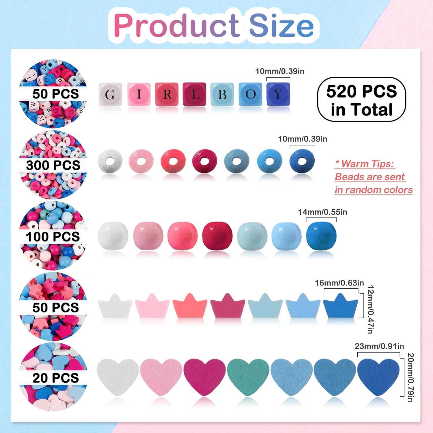 TXIN Juego de 520 cuentas de madera coloridas con agujero, cuentas de madera pintadas de estilo surtido, cubo de corazón redondo, cuentas