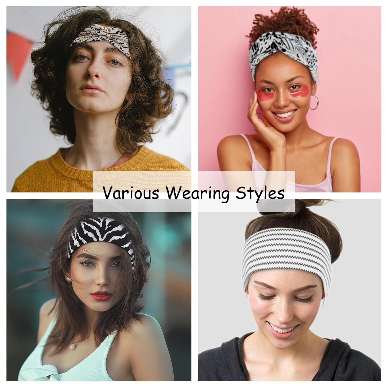 Achiou Paquete de 6 diademas anudadas para mujer, bandas anchas para el cabello rizado para mujer, bandas elásticas antideslizantes, bandas de pelo