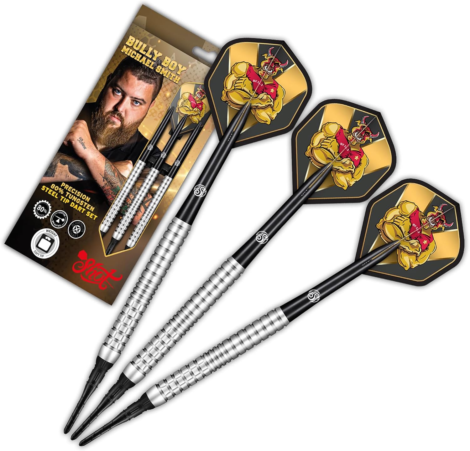 Shot! Dardos de punta suave, Michael Smith Bully Boy Precision (0.63 oz0.71 oz), barril 90% tungsteno, juego de dardos profesionales hechos a mano y