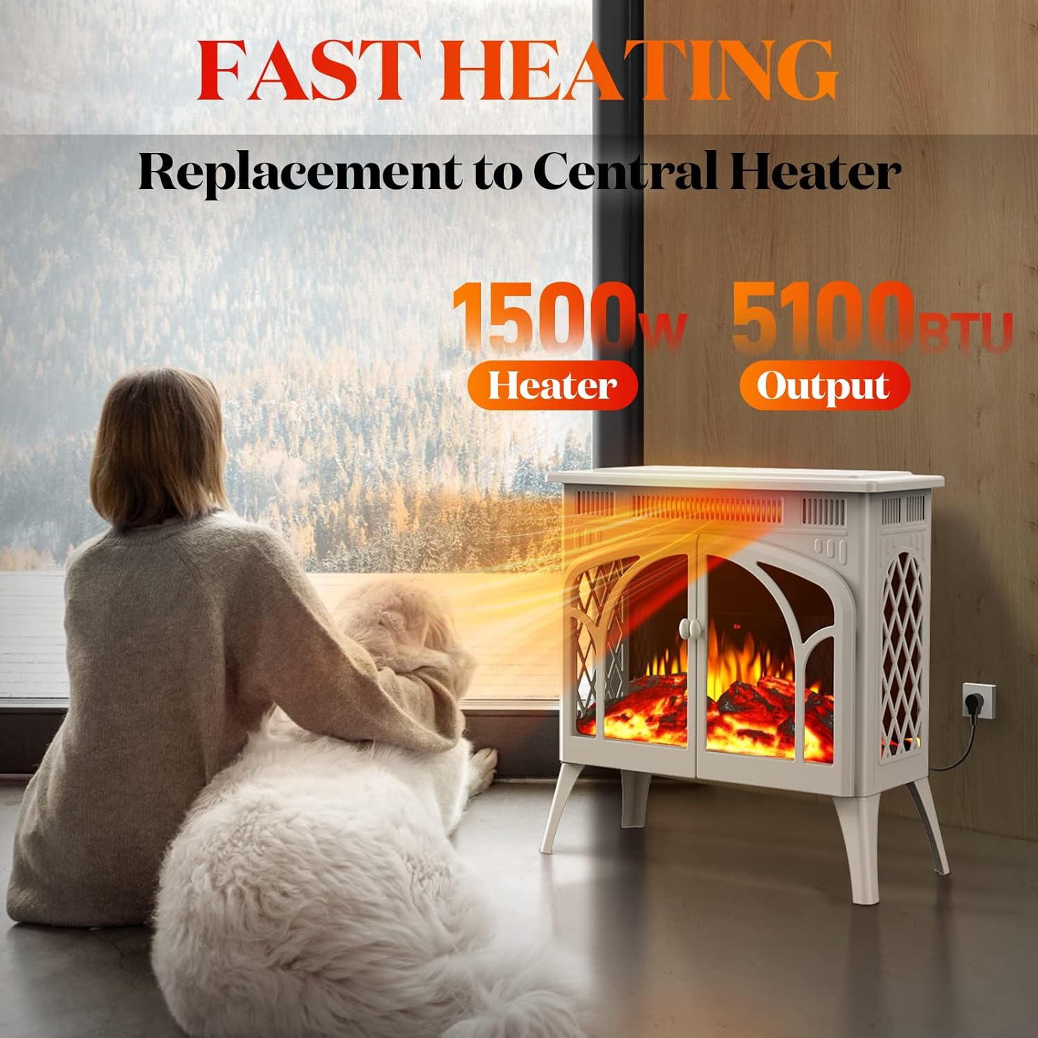 Calentador eléctrico de chimenea, estufa de chimenea infrarroja de 1500 W con llama 3D, chimenea eléctrica de 5100 BTU con control remoto, 16
