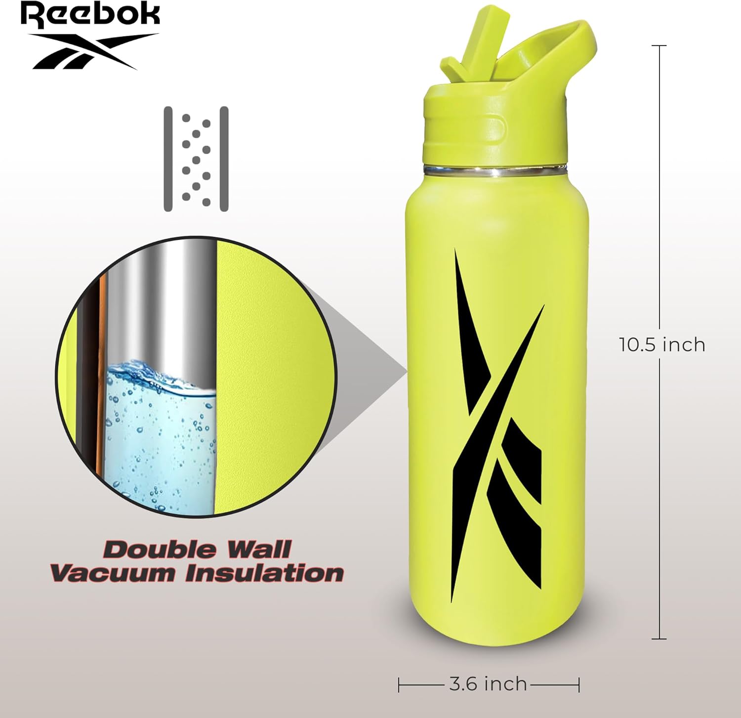 Reebok Botella de agua de acero inoxidable con tapa de popote y diseño atlético, 32 onzas, botella de agua deportiva aislada al vacío de doble pared
