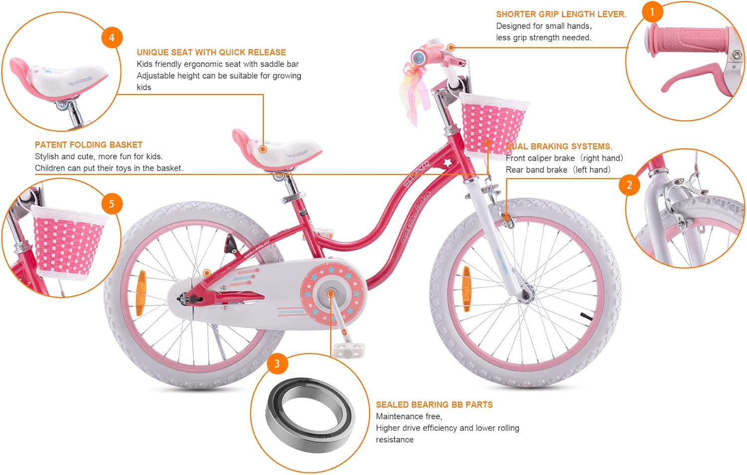 Royalbaby Stargirl – Bicicleta infantil para niñas de 12, 14, 16, 18, 20 pulgadas, con cesta para edades de 3 a 12 años