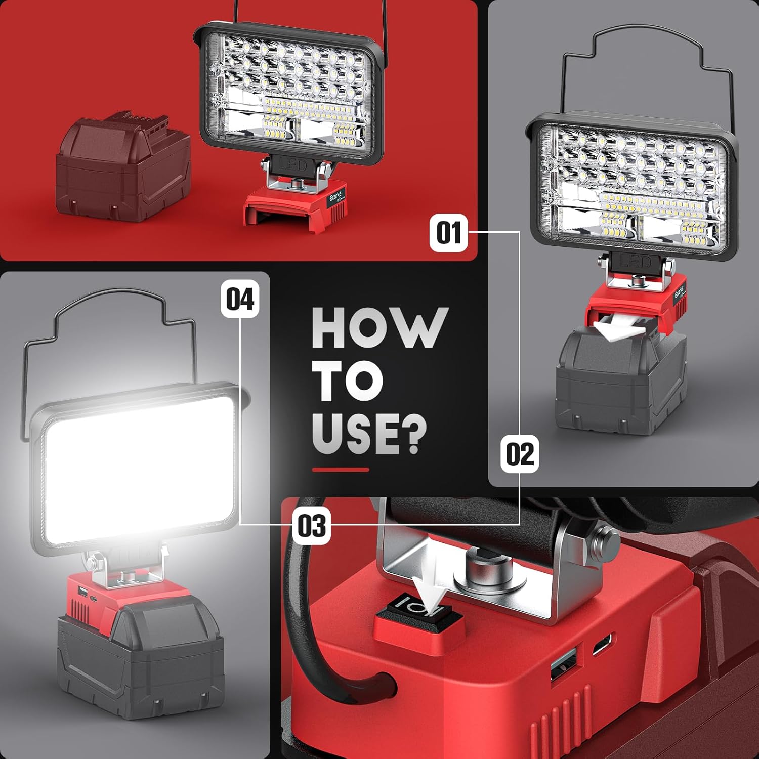Ecarke Luz de trabajo LED portátil para batería Milwaukee m18 de 18 V, luz de inundación LED de 4800 lúmenes de brillo con puerto de carga USB y