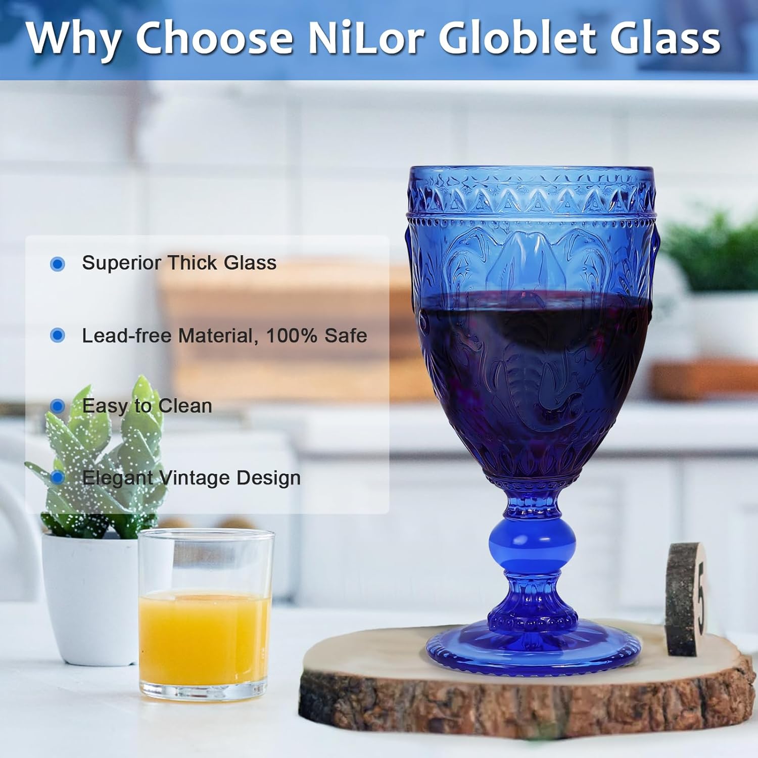 Juego de 6 copas de vino con diseño prensado de elefante, juego de 6 copas de agua de colores, vasos azules sin plomo para fiestas y bodas, 10 onzas