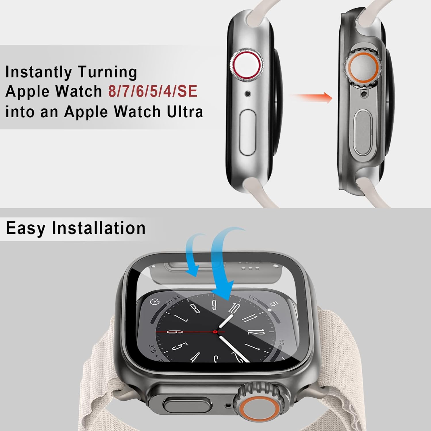Paquete de 4 fundas integradas de vidrio templado para Apple Watch Series 8, 7, de 1.772 pulgadas (actualización a iwatch Ultra), cubierta general