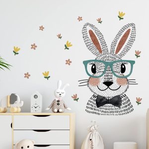 Yovkky Calcomanías de pared de conejo de dibujos animados, lindo conejito con anteojos, flores, guardería, habitación de niños, decoración Yovkky Calcomanías de pared de conejo de dibujos animados, lindo conejito con anteojos, flores, guardería, habitación de niños, decoración