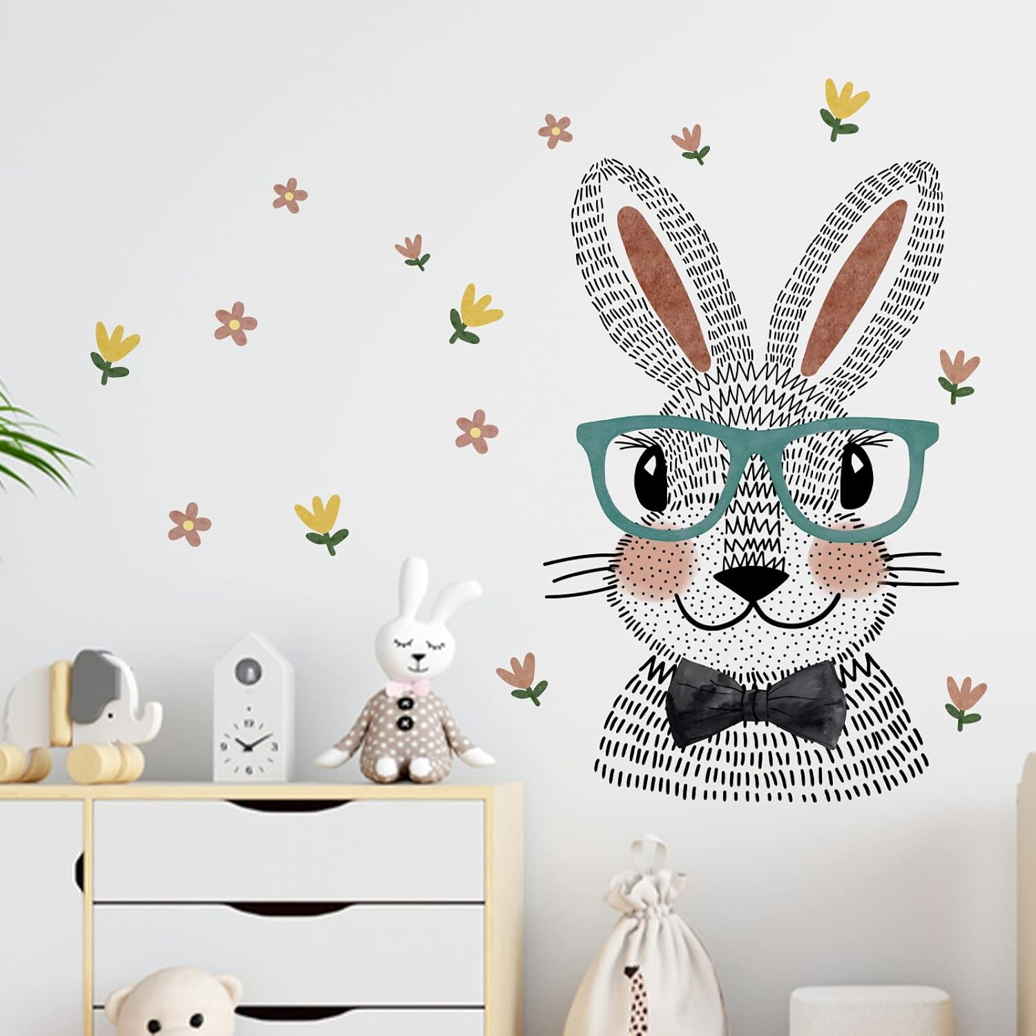 Yovkky Calcomanías de pared de conejo de dibujos animados, lindo conejito con anteojos, flores, guardería, habitación de niños, decoración