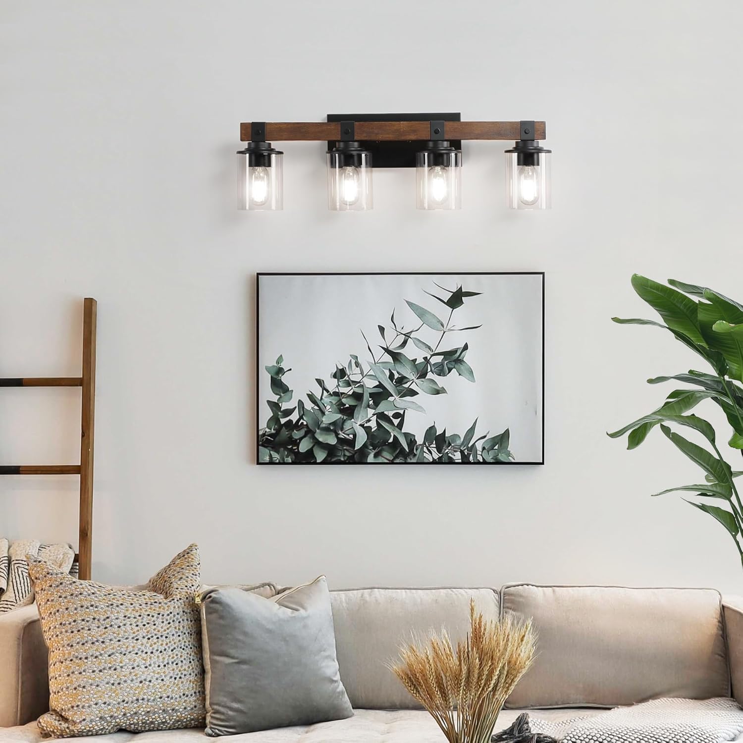 DIKAIDA DAKAIDA – Luces de tocador de baño de 4 luces, luces de tocador de madera para baño, con pantalla de vidrio transparente, apliques de metal