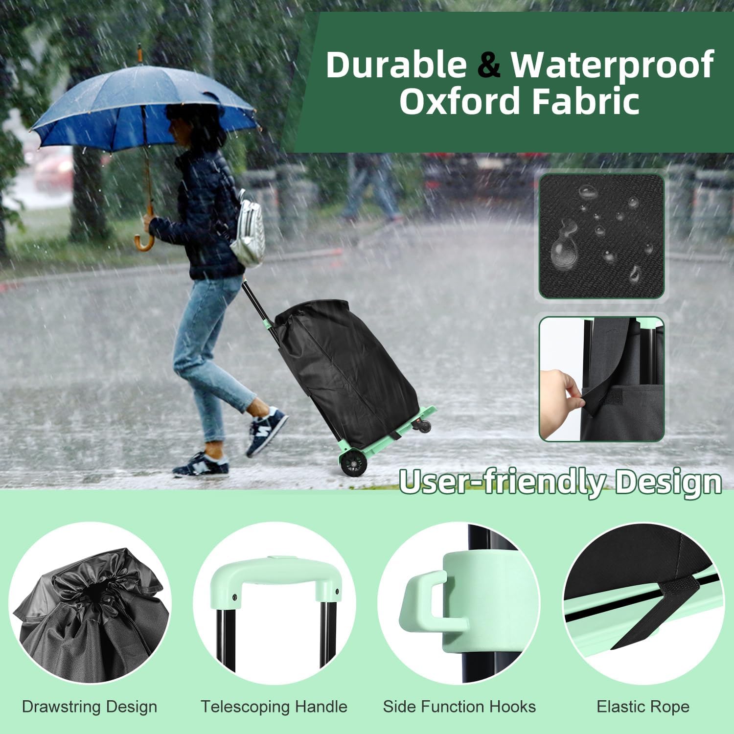 SELORSS Carro de mano plegable 2 en 1, carrito de compras portátil con ruedas y bolsa impermeable extraíble, plegable, ligero, de gran capacidad