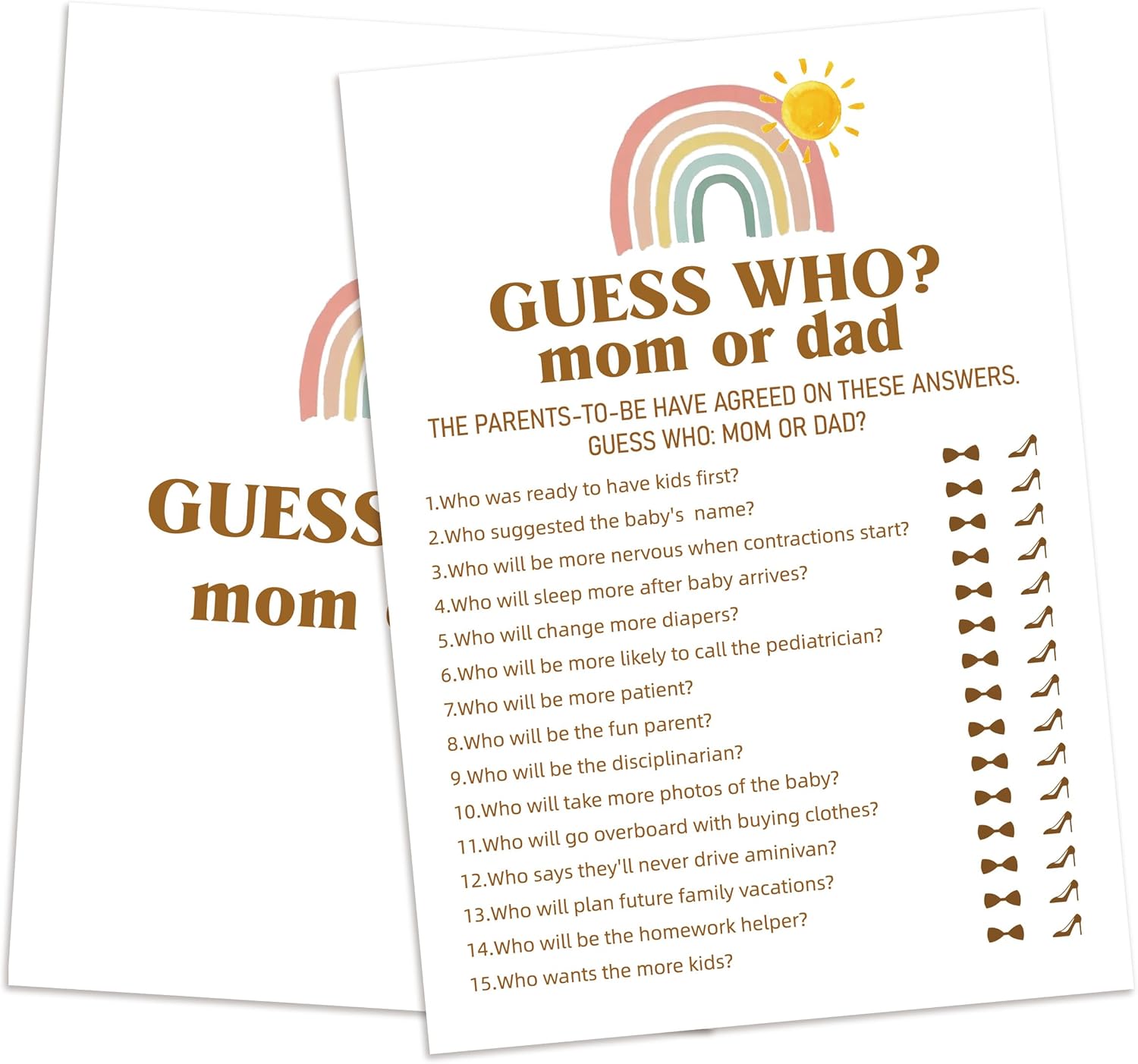 Adivina quién mamá o papá juego de adivinanzas, juego de 25 tarjetas, juego de baby shower para niña o niño, fiesta de revelación de género, arco