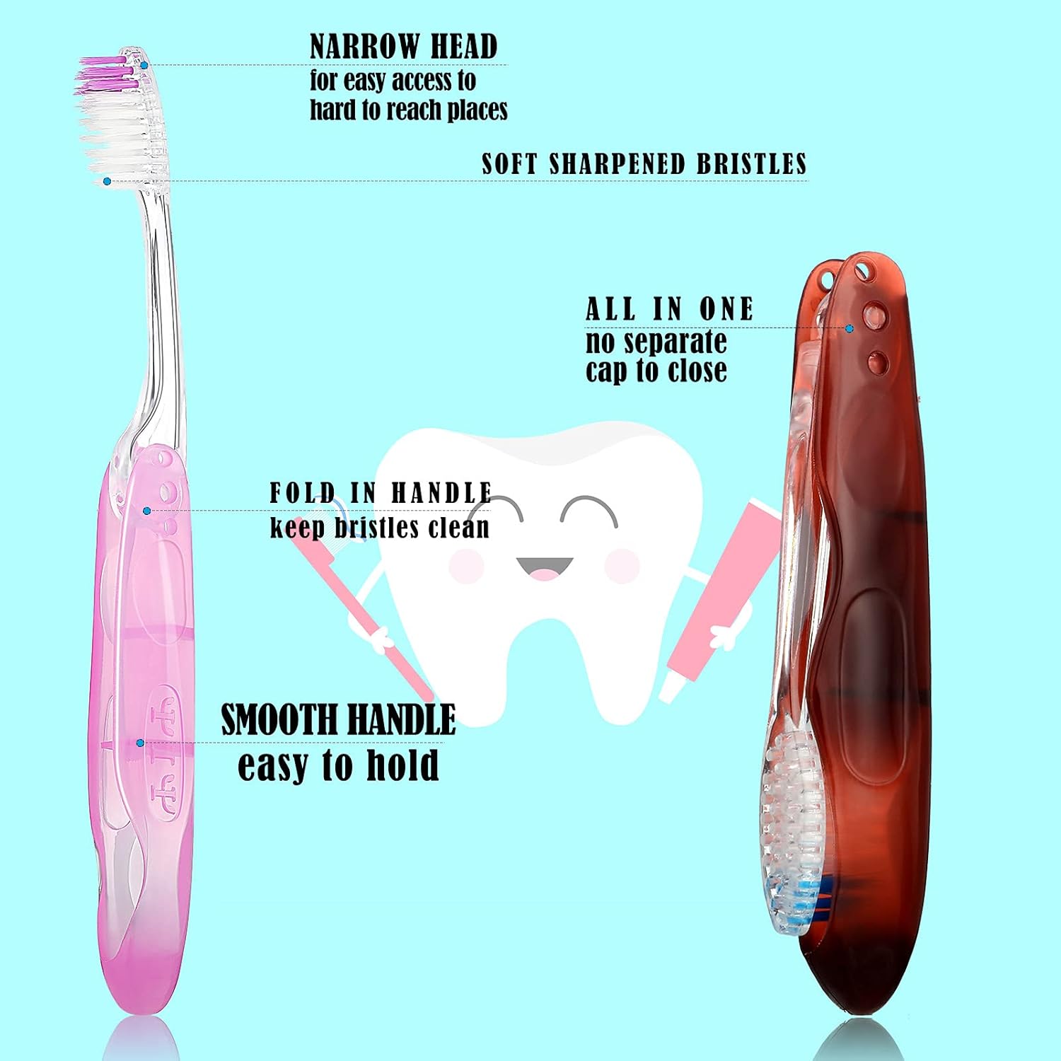 Patelai Cepillo de dientes plegable de tamaño de viaje, cepillos de dientes plegables de cerdas suaves envueltas individualmente con cubierta