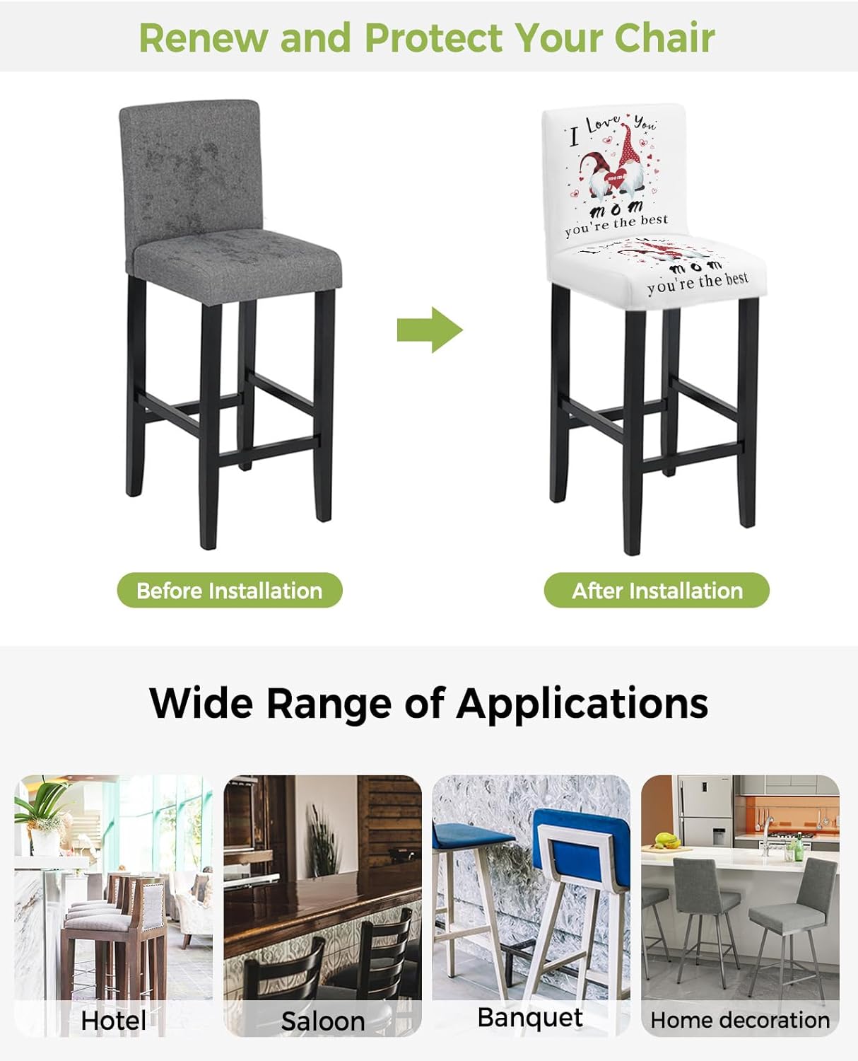 TweetyBed Bar Stool Covers I Love You Mom Stretch Removable Bar Chair Cover Gnome White Backdrop Counter Slipcovers for Kitchen Pub Dining Room Cafe