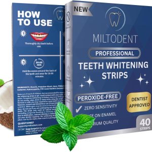 MILTODENT Tiras blanqueadoras de dientes profesionales  Blanqueamiento sin sensibilidad  40 tiras blanqueadoras de dientes sin peróxido  Formulado MILTODENT Tiras blanqueadoras de dientes profesionales  Blanqueamiento sin sensibilidad  40 tiras blanqueadoras de dientes sin peróxido  Formulado