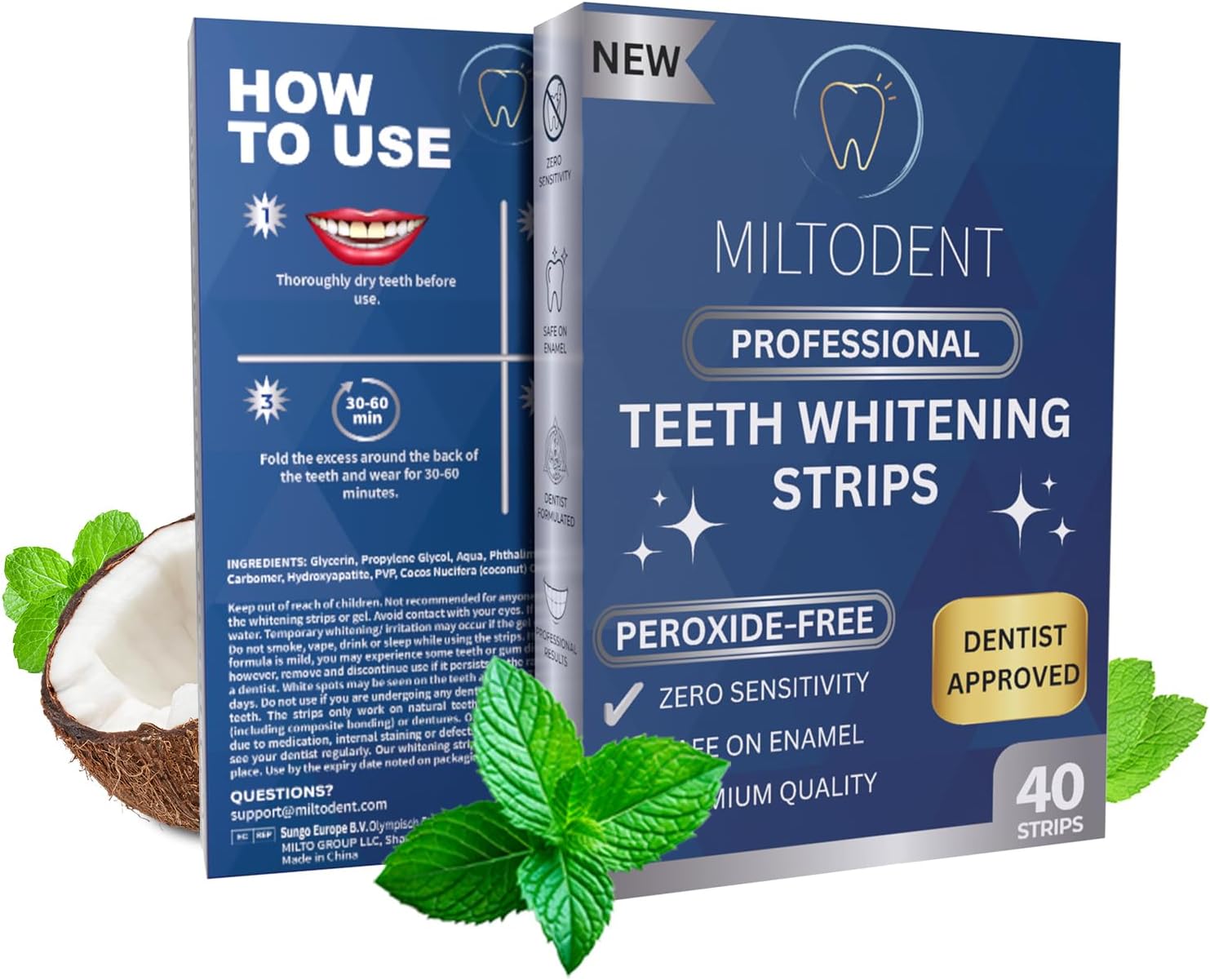 MILTODENT Tiras blanqueadoras de dientes profesionales  Blanqueamiento sin sensibilidad  40 tiras blanqueadoras de dientes sin peróxido  Formulado