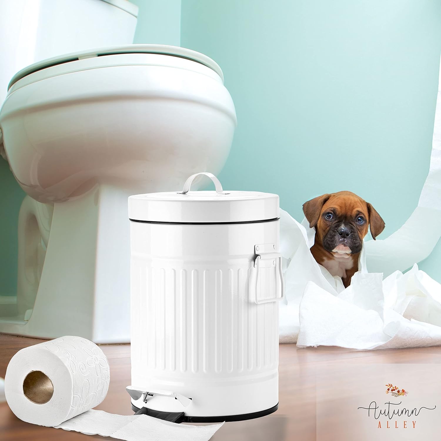 Autumn Alley, Farmhouse – Basurero de baño blanco con tapa y pedal, cubo de basura blanco para baño rústico, cubo de basura de cocina de granja,