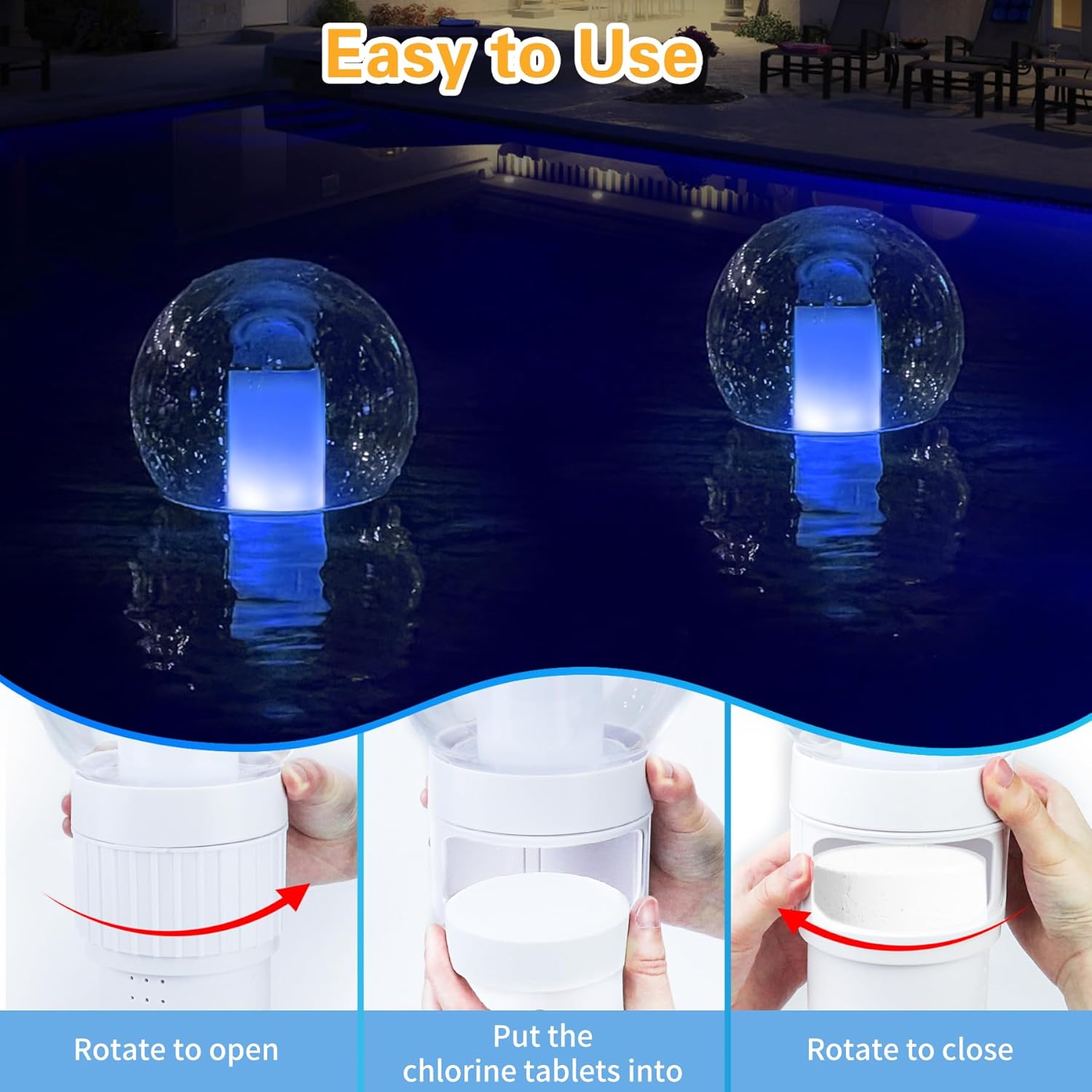 Flotador de cloro para piscina, flotador de cloro con luces de llama solares, dispensador de cloro flotante, flotador de cloro para bañera de