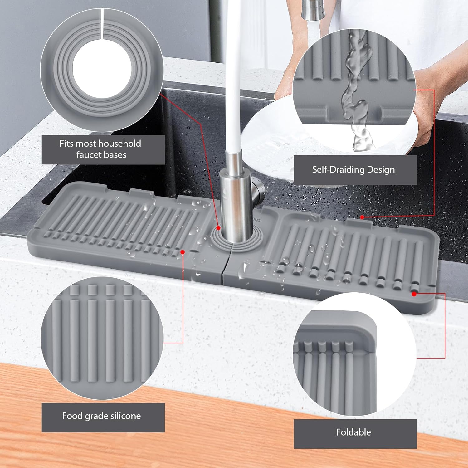 SKitchen – Protector contra salpicaduras para fregadero de 14.5 x 5.5 pulgadas, protector de salpicaduras mejorado para grifo con drenaje