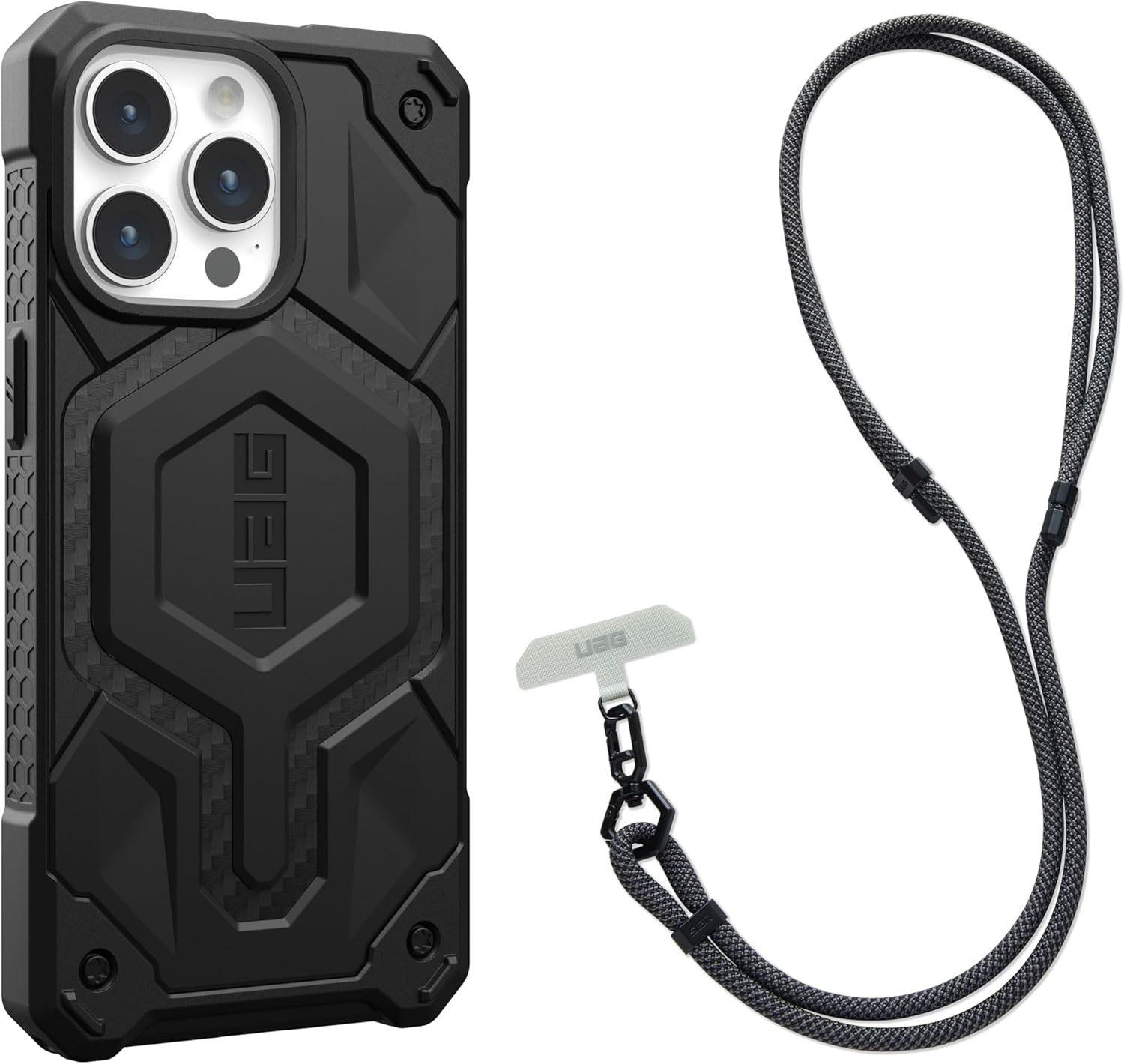 URBAN ARMOR GEAR UAG – Funda diseñada para iPhone 15 Pro Max Monarch Pro de fibra de carbono de 6.7 pulgadas, paquete con cordón cruzado UAG para