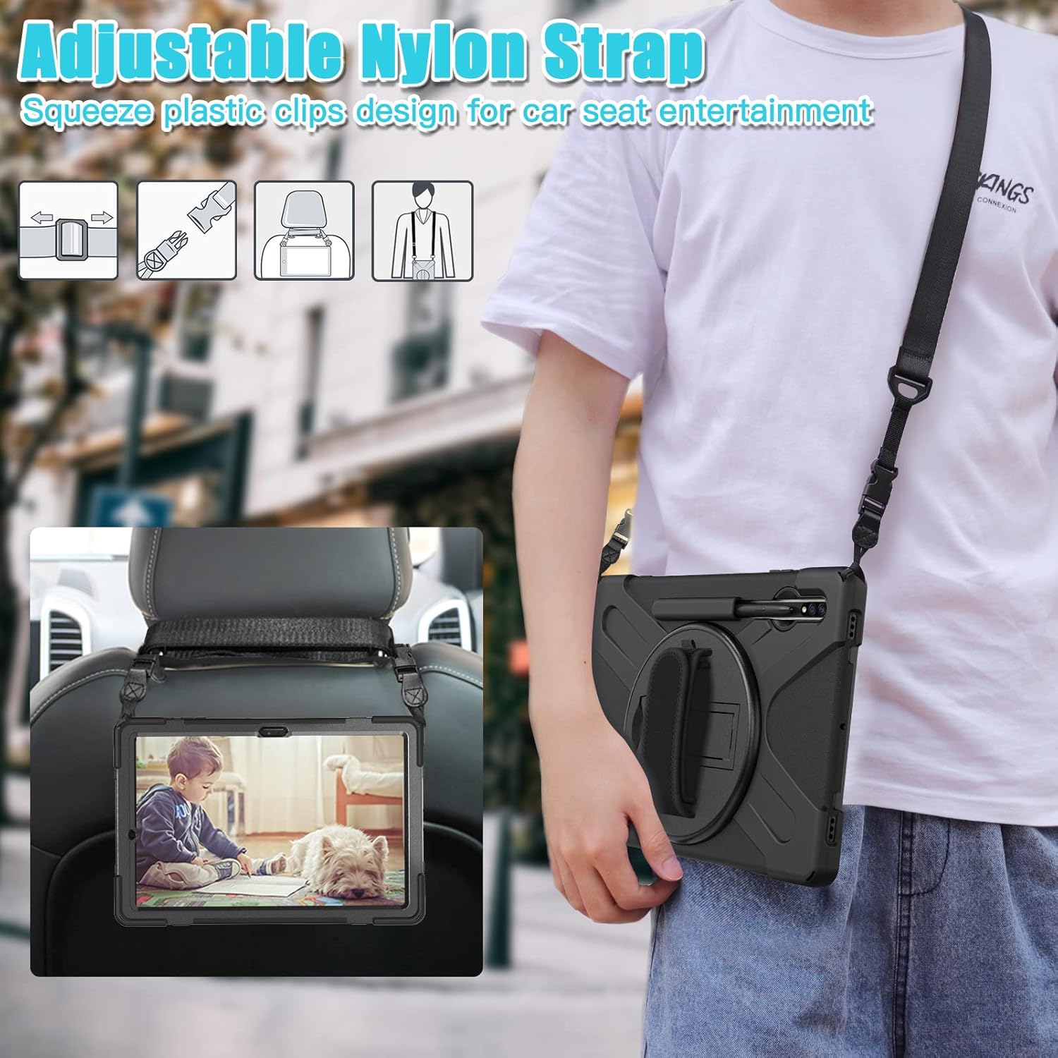 Funda para Galaxy Tab S7 FES8 PlusS7 Plus, grado militar, a prueba de golpes, con correa para manohombro, soporte giratorio para Samsung Galaxy Tab