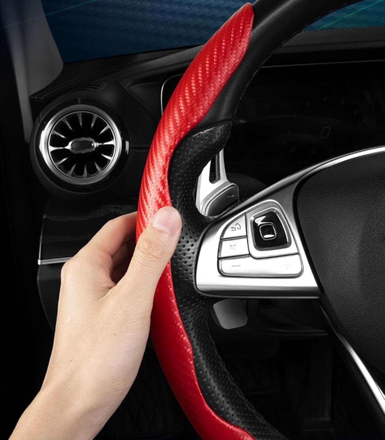 Funda para volante, funda de fibra de carbono para volante de automóvil, cubierta roja para volante. Agarre antideslizante, cómodo, duradero y fácil