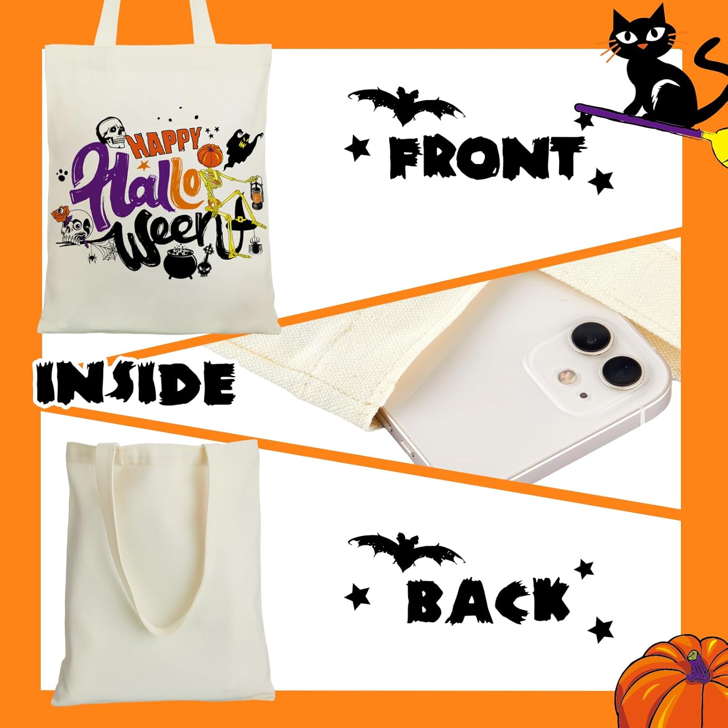 6 bolsas de lona de Halloween a granel reutilizables para dulces, bolsa de compras grande para Halloween, bolsas de truco o trato, diseño de