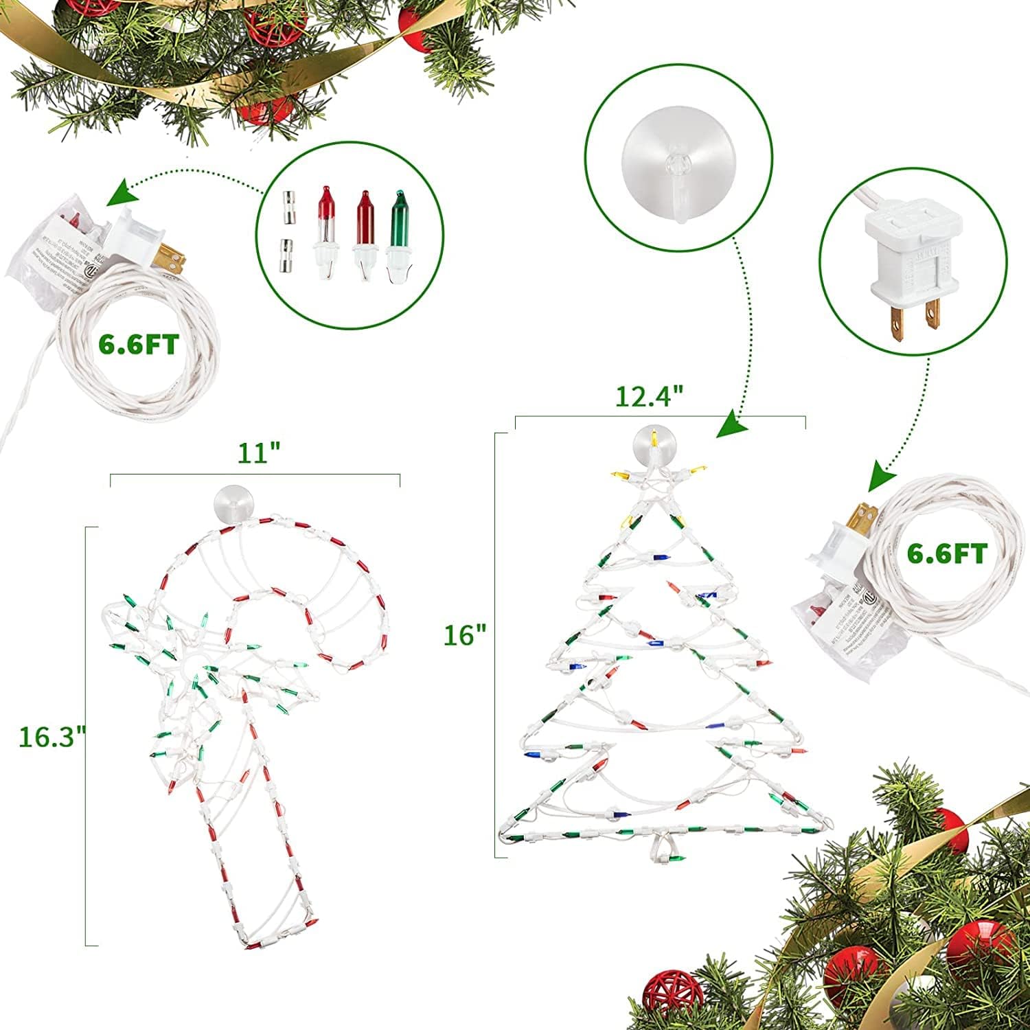 Paquete de 4 luces de bastón de caramelo iluminado, corona, medias, árbol de Navidad, silueta de ventana, decoración de ventana para Navidad,