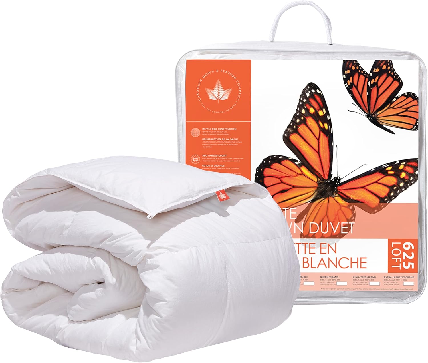 Canadian Down & Feather Co. – Edredón de plumón blanco de peso regular 625, tamaño matrimonial, funda de 360 hilos, 100% algodón, relleno en Canadá